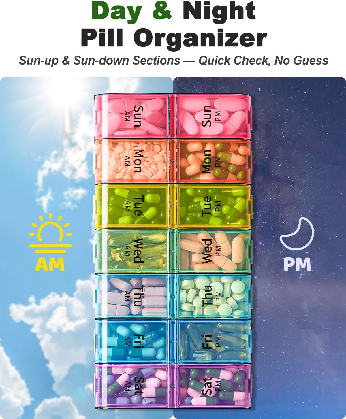 Detalle de Extra Large Pill Organizer 2 Times a Day (Weekly XL AM PM) – Rainbow