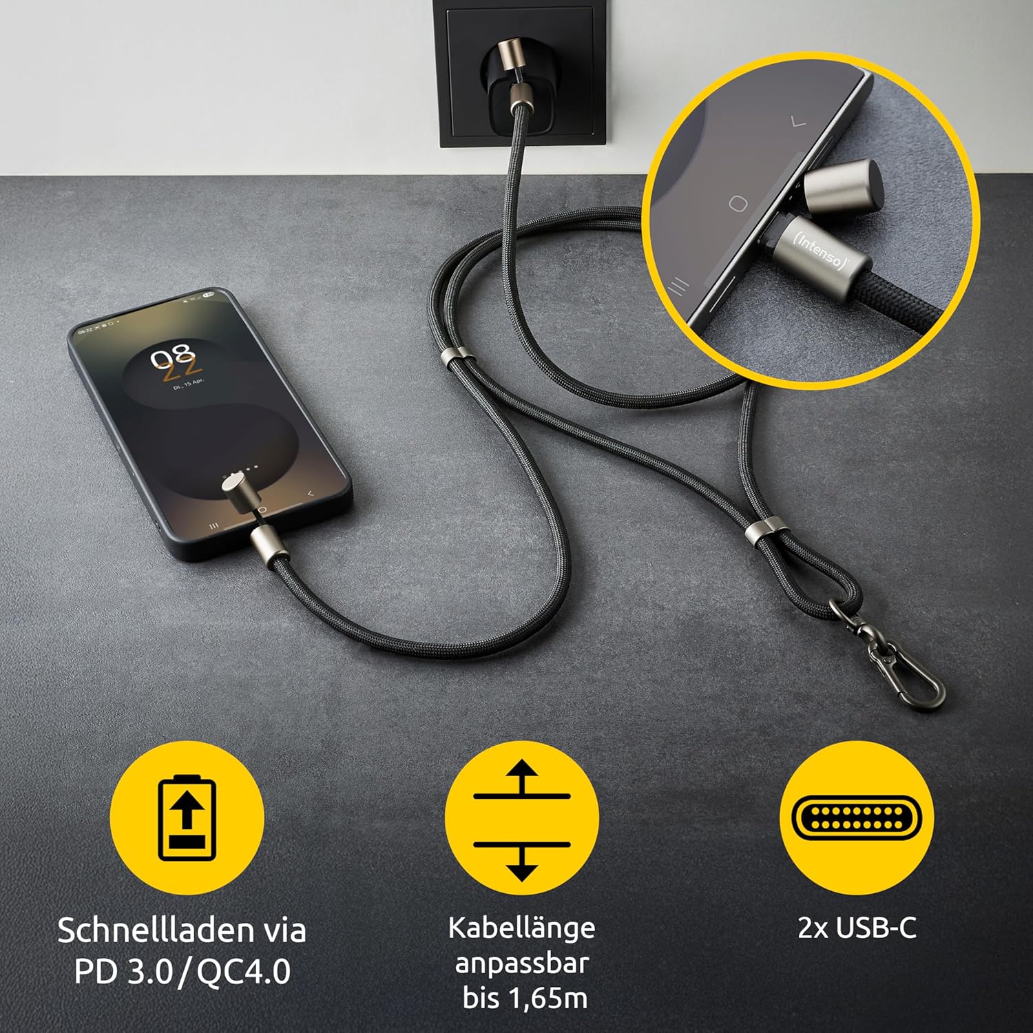 Thumbnail 3 de Intenso USB-C Lade- und Datenkabel Handykette (60 W, 480 Mbps, PD3.0/QC4.0) – 1,65 m, schwarz