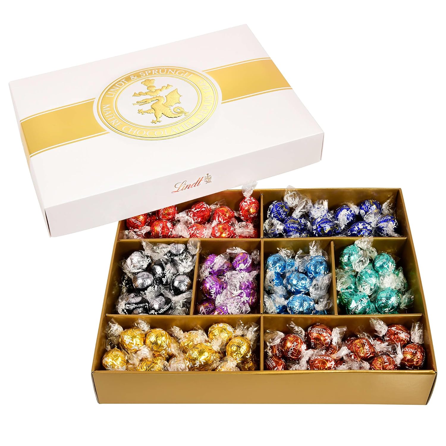 Detalle de Lindt Lindor Classic Box – 1568 g mit 126 Kugeln in 8 Sorten (Milch, Feinherb, Weiß, Haselnuss, 60 %, Pistazie, Stracciatella, Cocos)