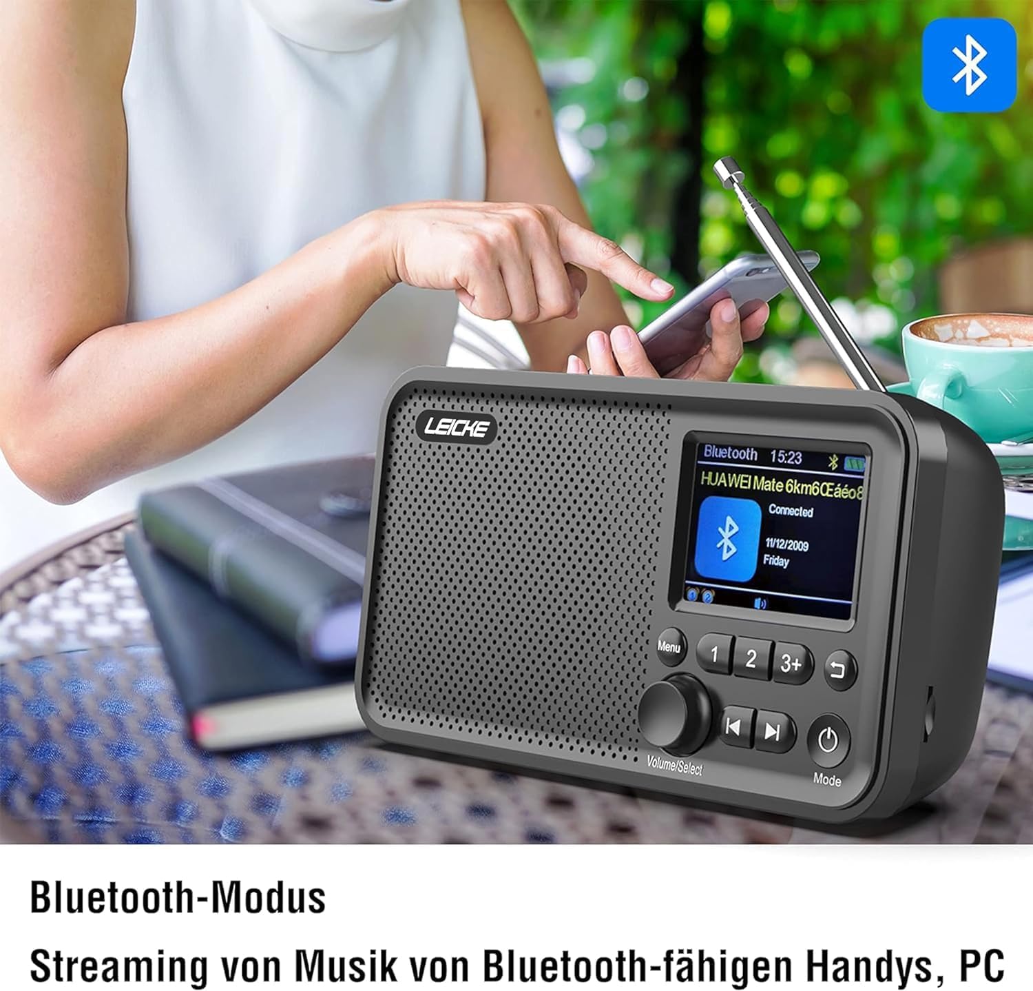 Detalle 2 de LEICKE draagbare DAB+-radio met Bluetooth 5.0, kleurenscherm en 2000 mAh