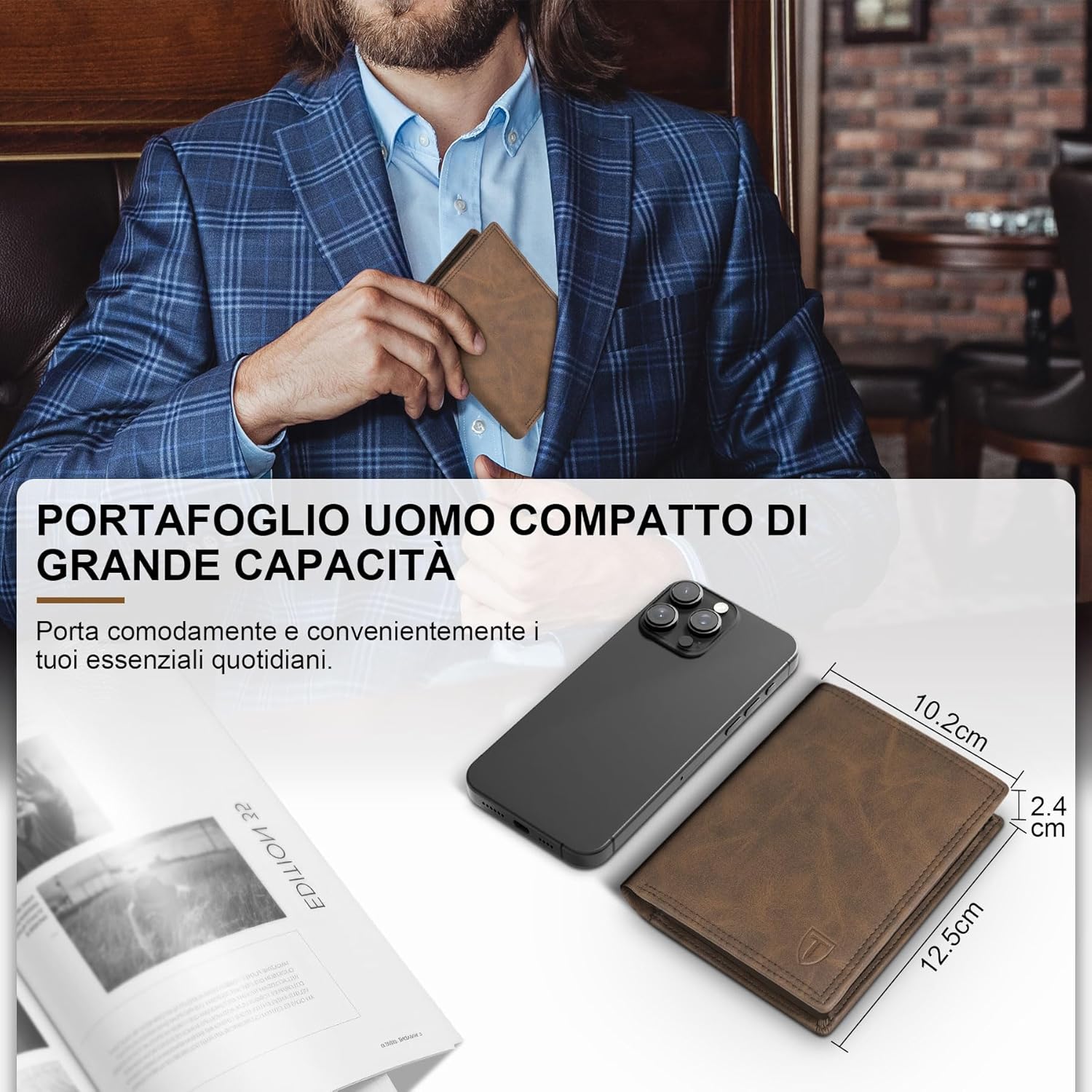 Detalle 2 de TEEHON Portafogli Uomo RFID in Pelle Microfibra Slim con 12 Carte, ID e Finestra Foto – Marrone