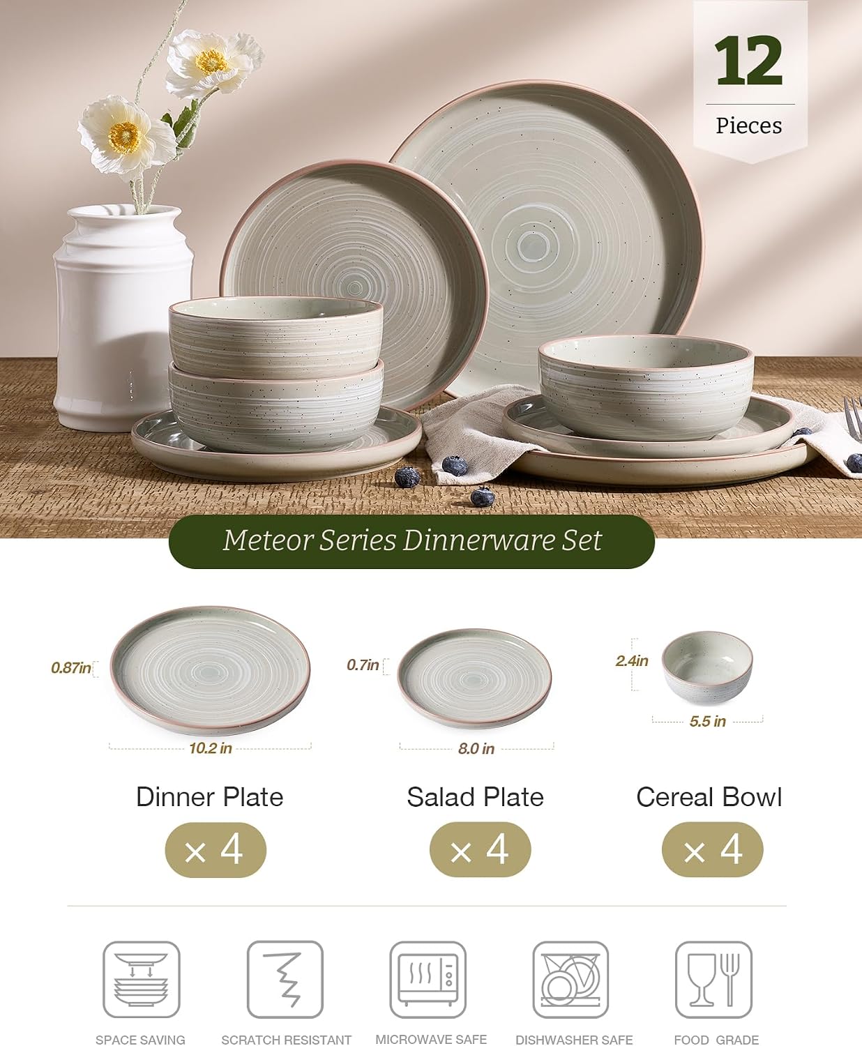 Detalle 2 de Famiware Meteor 12-Piece Dinnerware Set, Matcha Green 🍽
