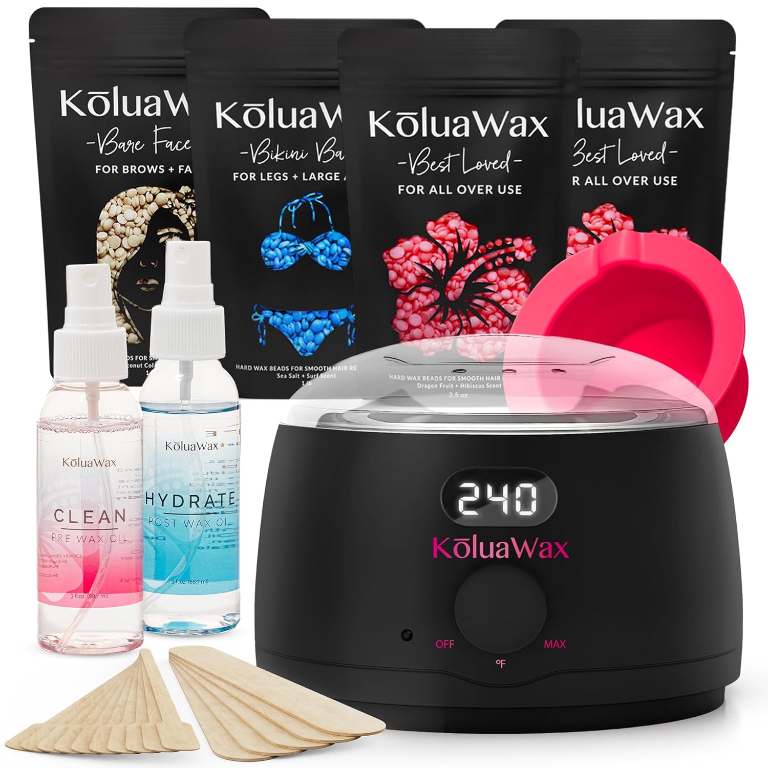 KoluaWax Premium Waxing Kit for Women (Beginner Friendly) — Hard Wax Beads, Digital Warmer, Pre/Post Care