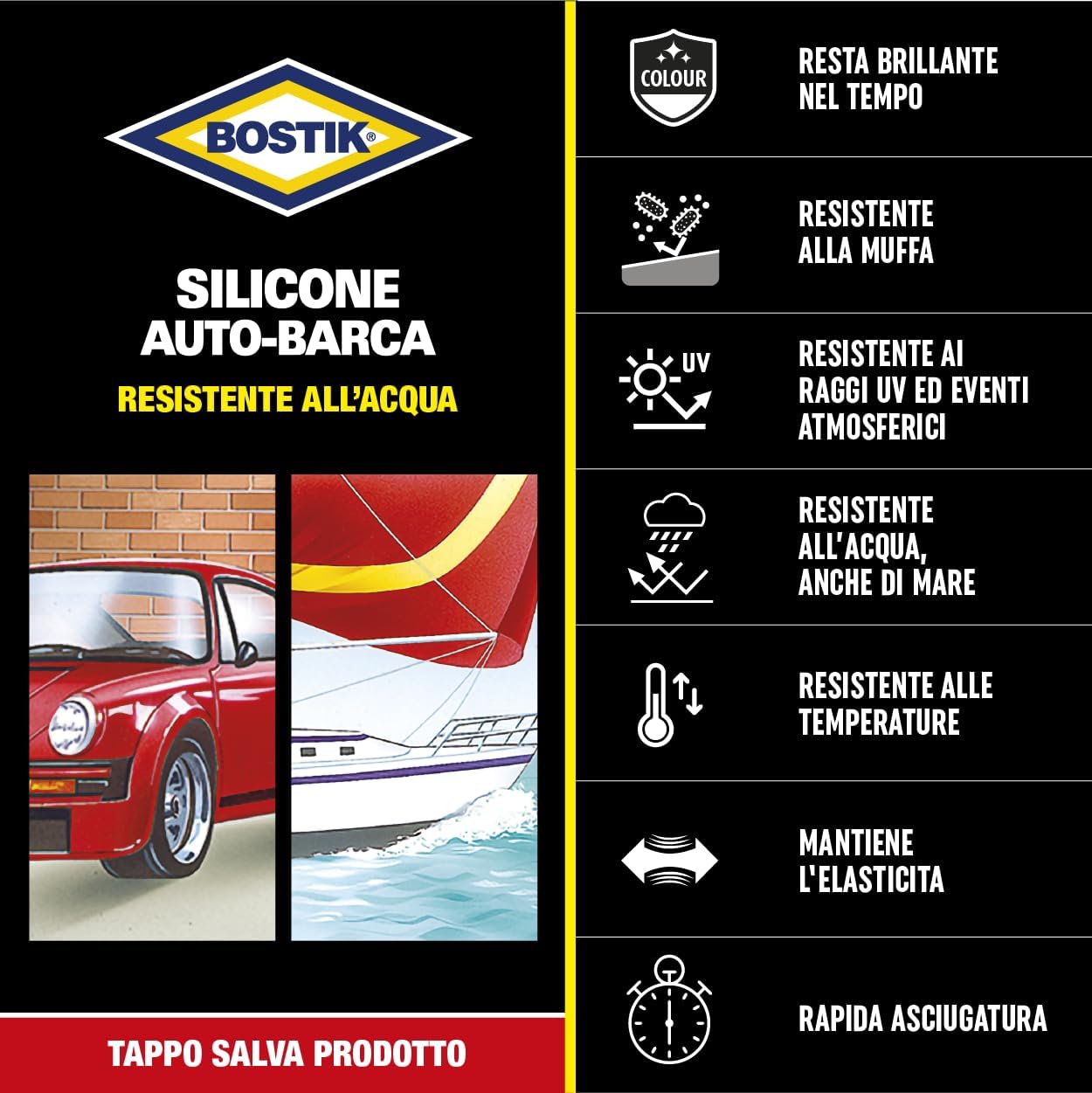 Thumbnail 3 de Bostik Silicone Auto-Barca Nero, tubo 60 ml: sigillante in silicone resistente all’acqua, al mare e ai raggi UV