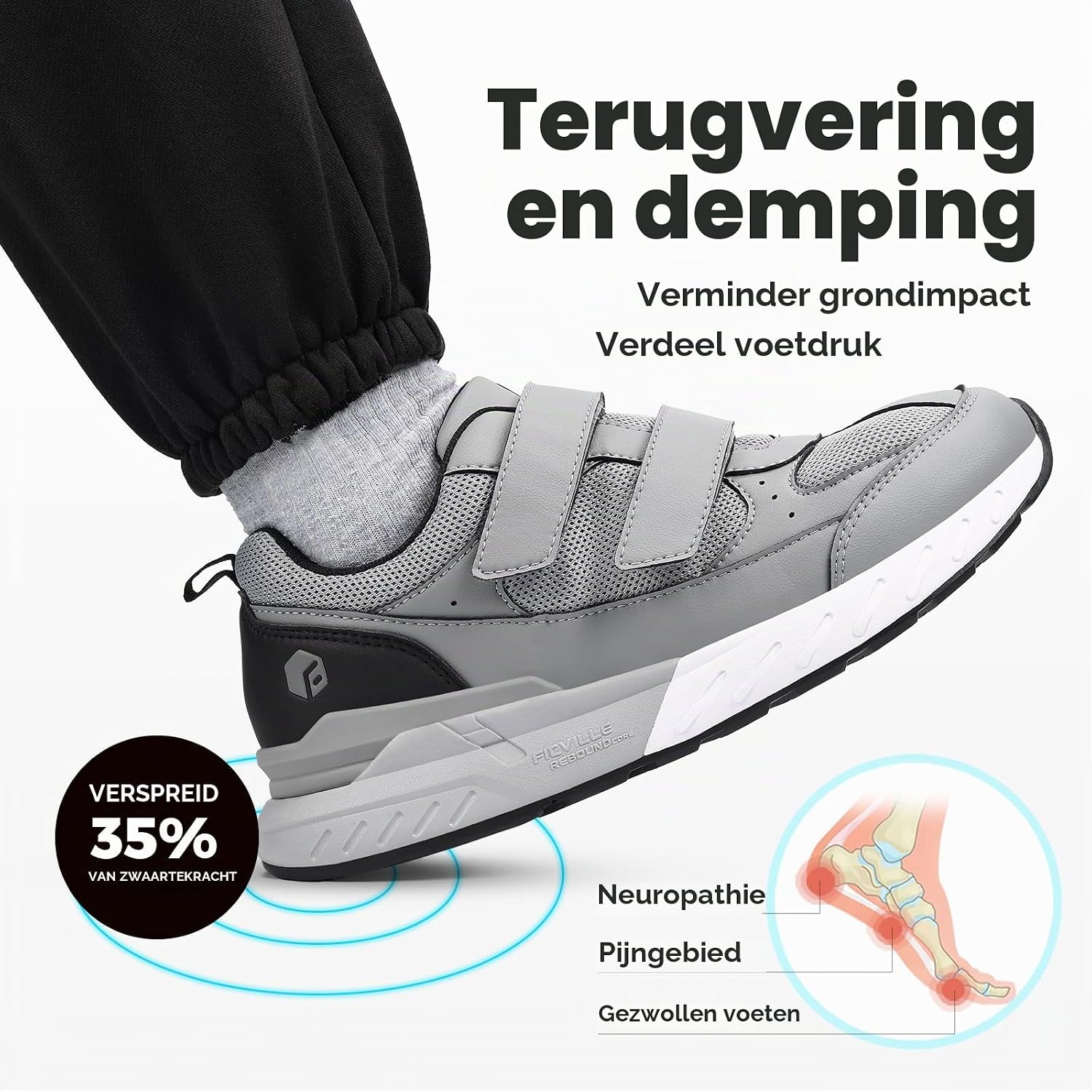 Thumbnail 3 de FitVille Rebound Core V8 extra brede wandelschoenen met klittenband voor heren