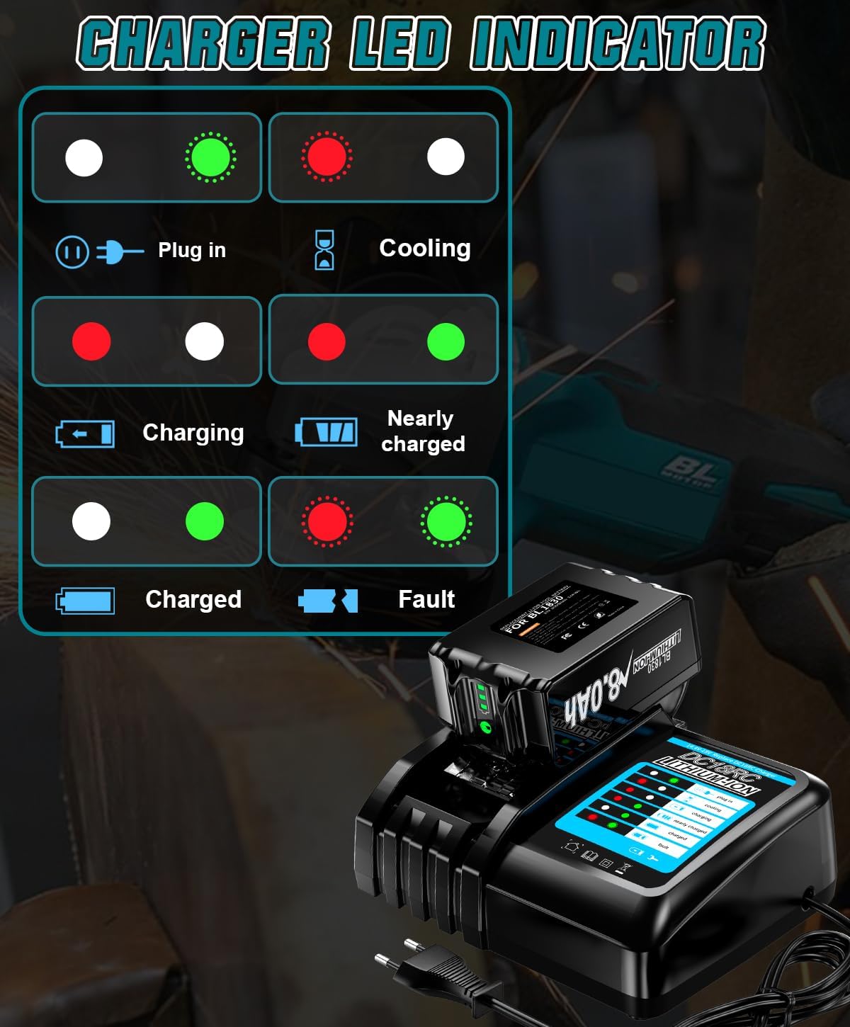 Detalle de 2 x 8,0Ah 18V Akku mit Ladegerät – Ersatzakku für Makita BL1830/BL1860 Serie