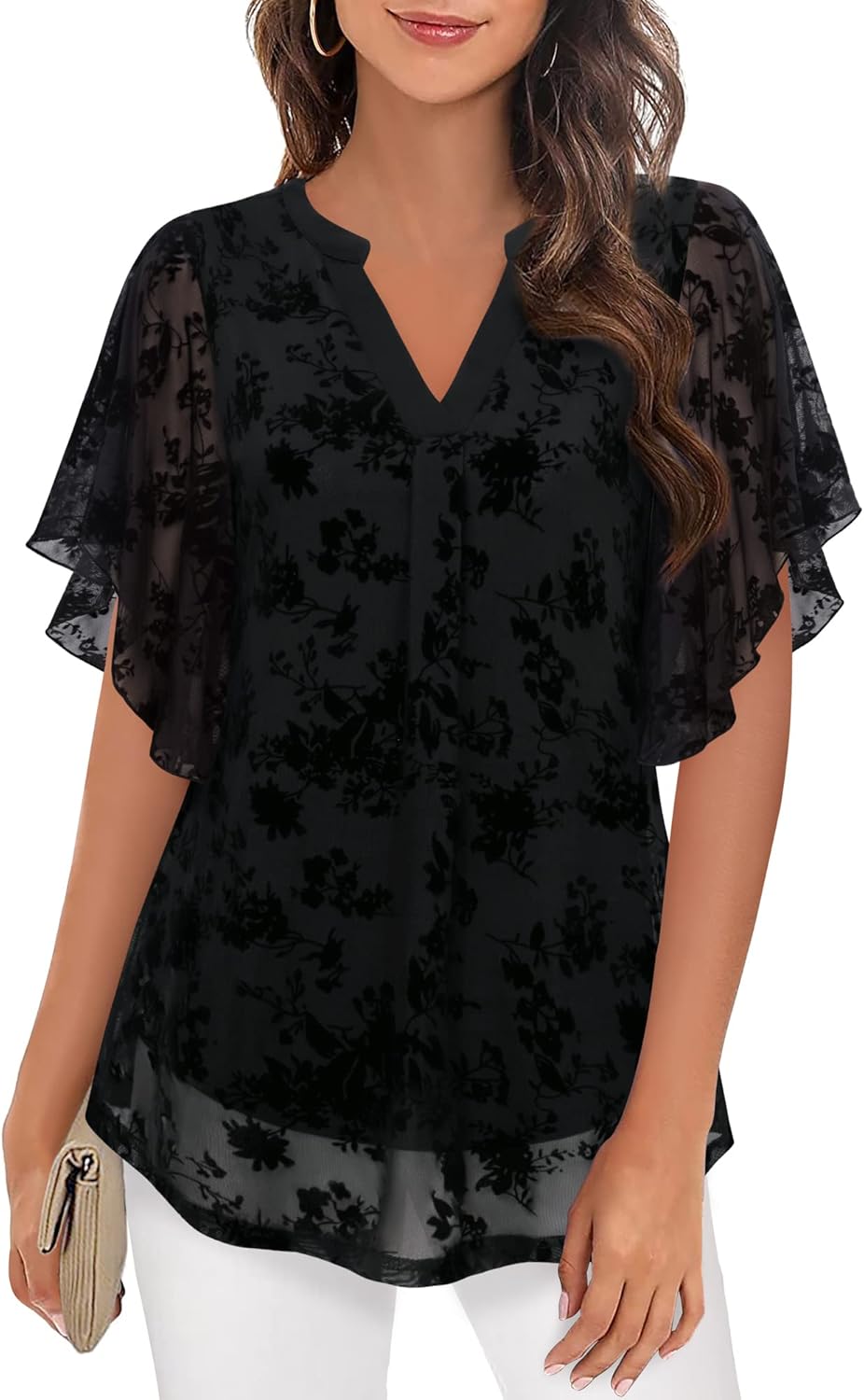 Thumbnail 6 de Timeson Women’s Short Sleeve V-Neck Blouses Floral Double-Layer Mesh Tunic Tops