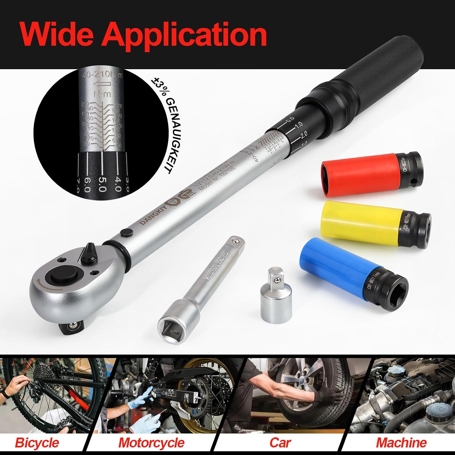 Detalle de DANGKIY Drehmomentschlüssel Auto & Motorrad (1/2 Zoll, 40–210 Nm) inkl. 125-mm Verlängerung, 3 Stecknüssen