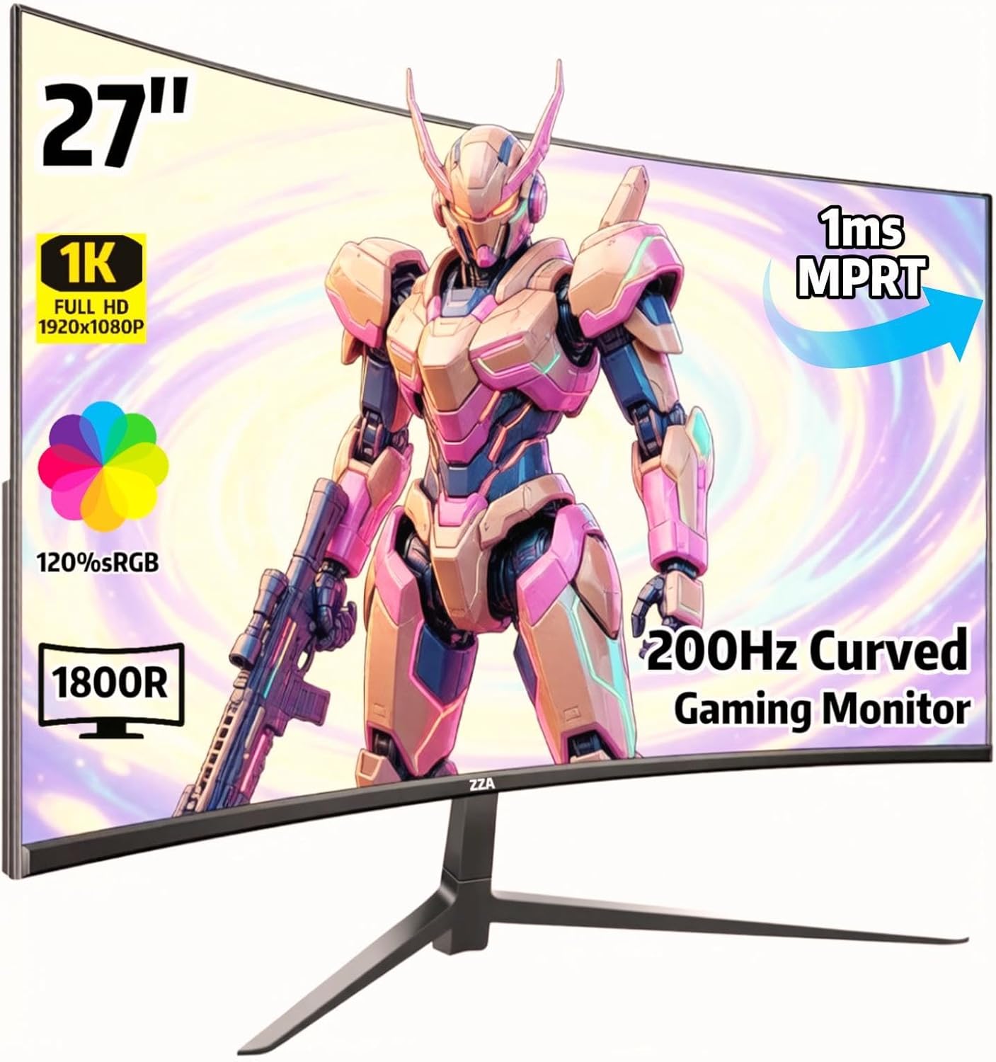 Detalle de ZZA 27 Inch Curved Gaming Monitor (200Hz) — Full HD VA, FreeSync, HDMI & DisplayPort, VESA mountable