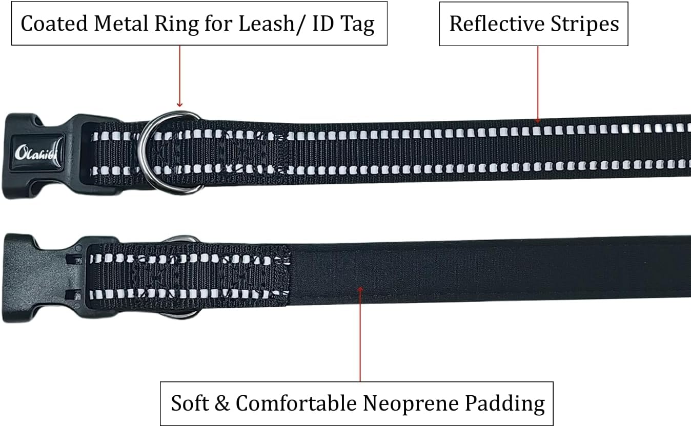 Thumbnail 2 de Olahibi Neoprene Padded Dog Collar (Medium, Black) with Reflective Stripes