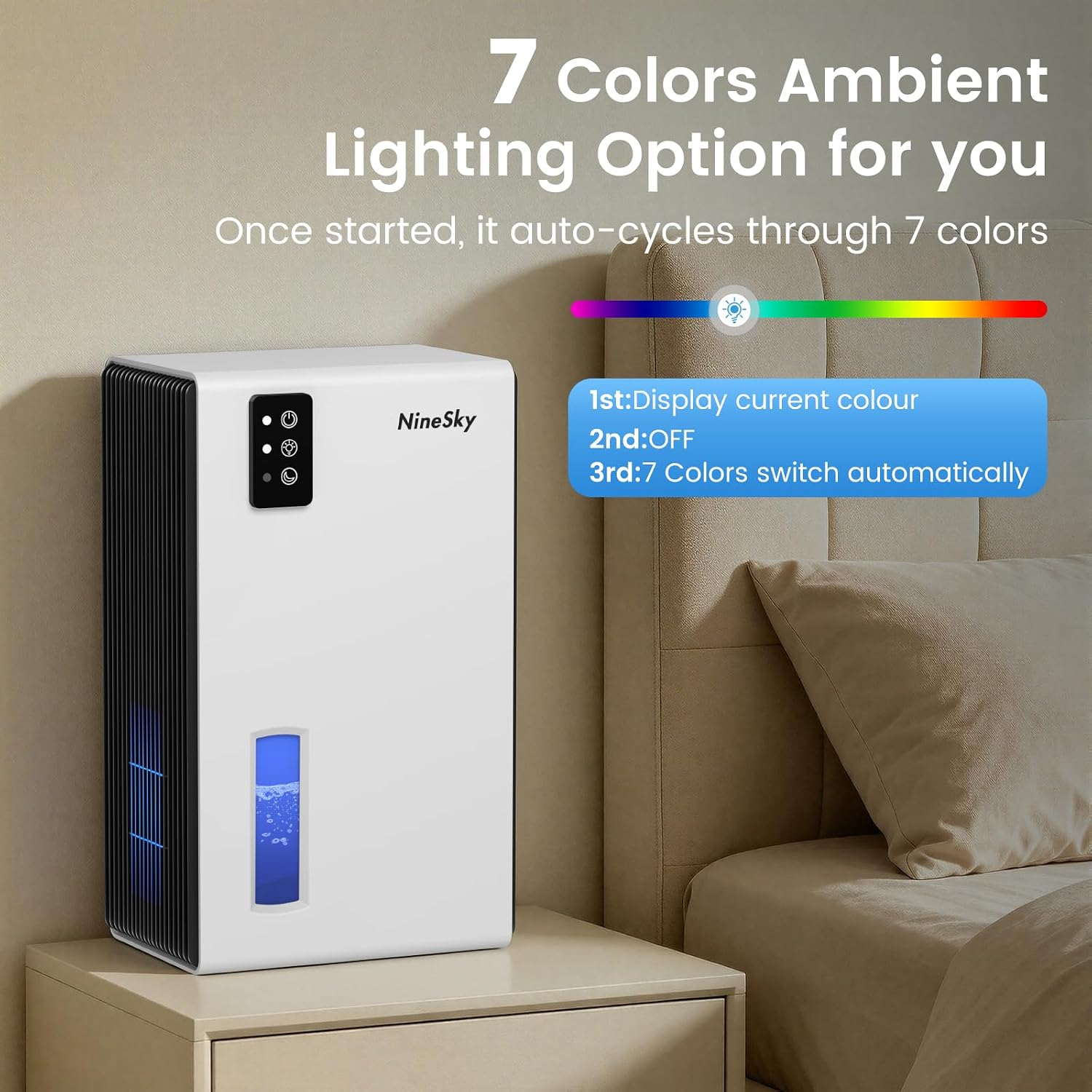 Thumbnail 6 de NineSky 1000 Sq Ft Dehumidifier with 95oz Tank, Quiet Operation, Auto Shut-Off, and 7-Color Ambient Light