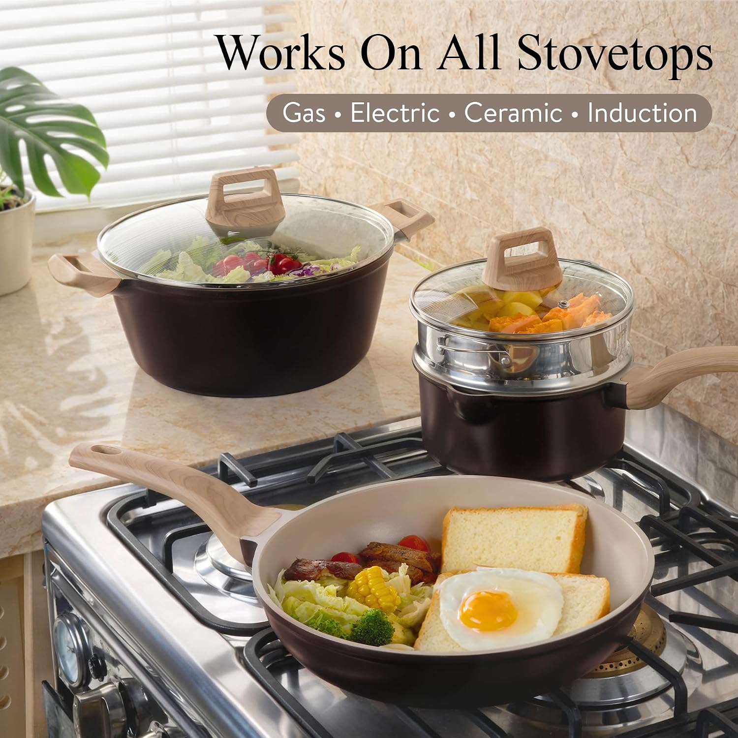 Thumbnail 6 de CAROTE A15665 21-Piece Ceramic Cookware Set, Induction-Compatible, Dark Mocha