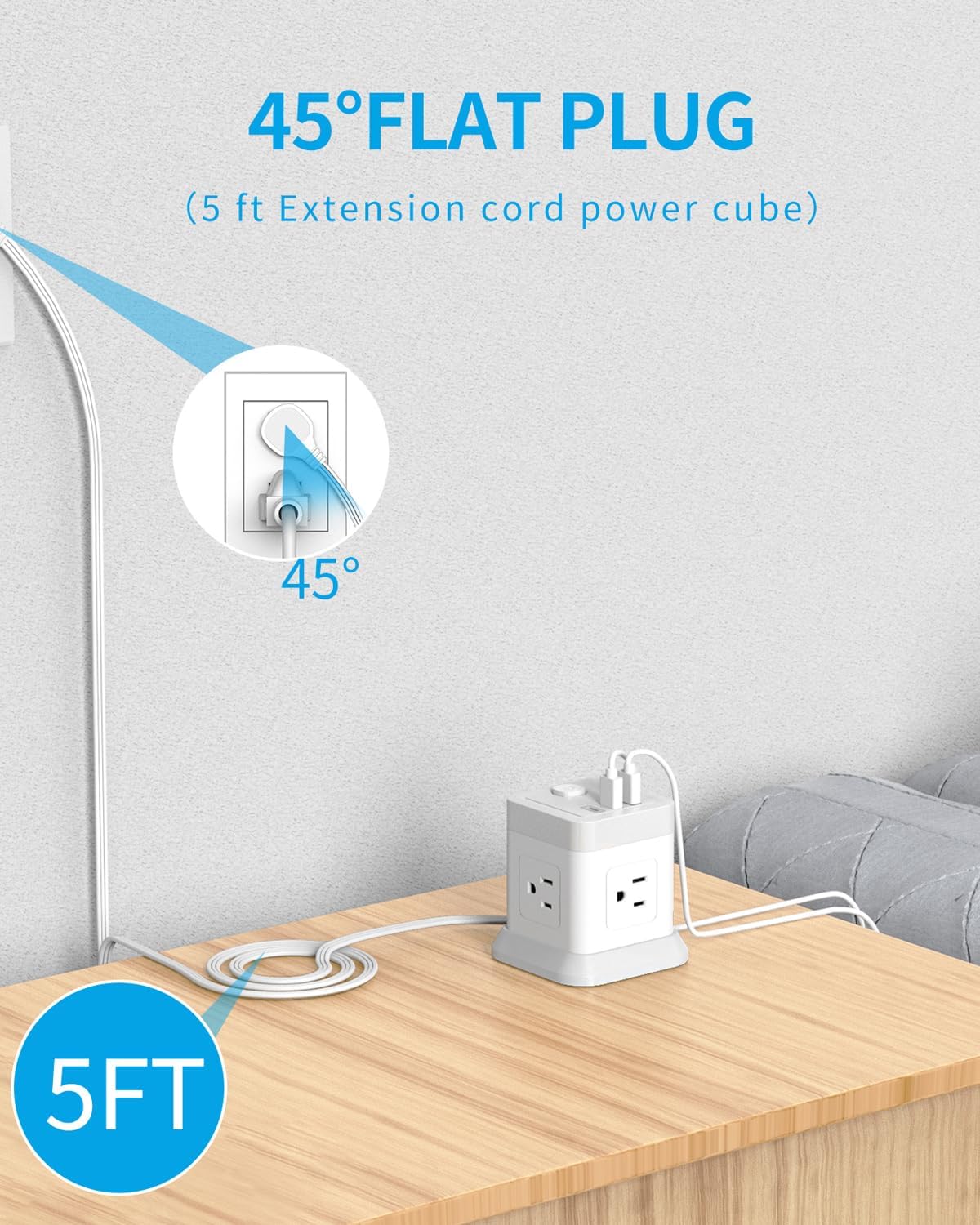 Detalle de FDTEK Flat Plug Power Strip with USB (4 AC Outlets, 3 USB including USB-C) and Overload Protection, 5 ft