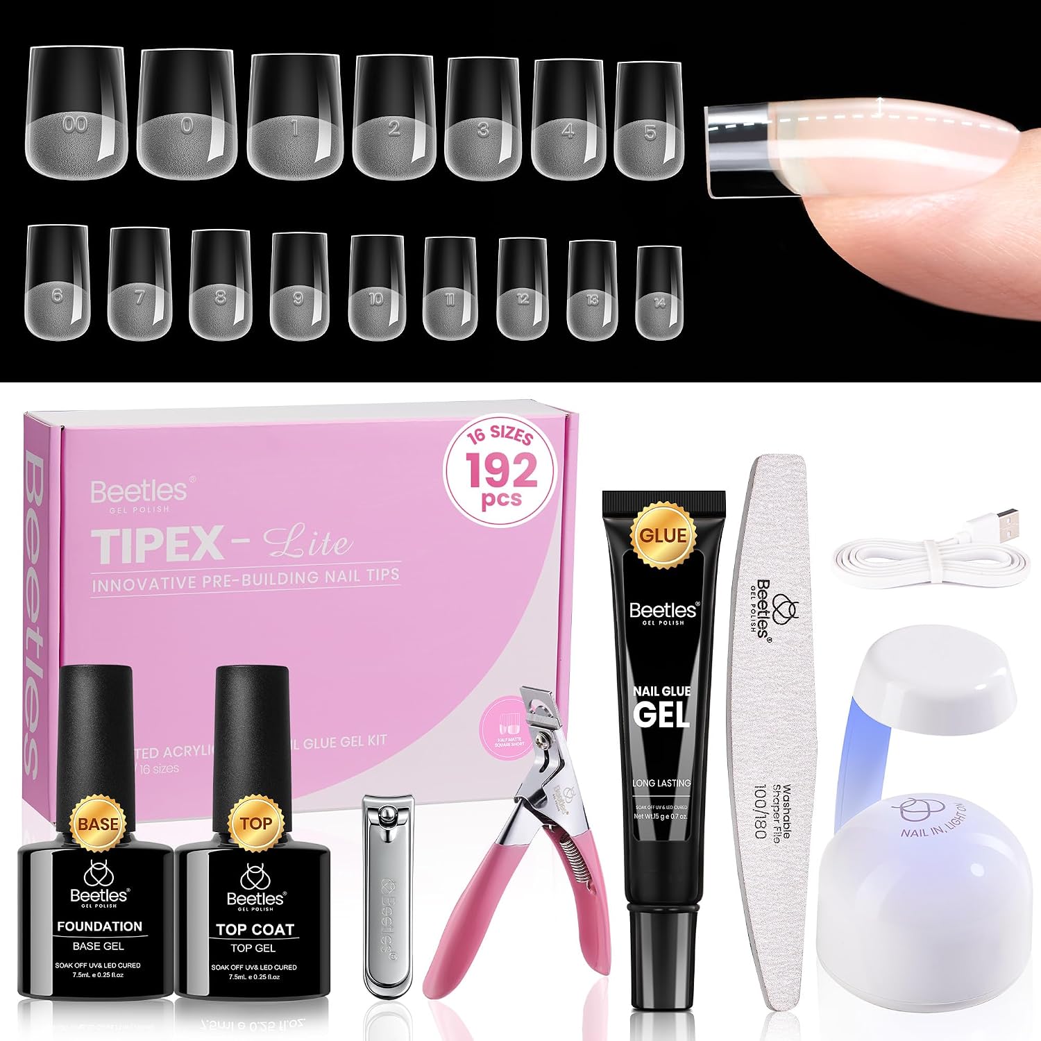 Detalle de Beetles Tipex Lite Apex Nail Tips Kit: Short Square 192pcs with Glue, Base & Top Coat, Mini UV Lamp, Nail Clipper & Cuticle Nipper