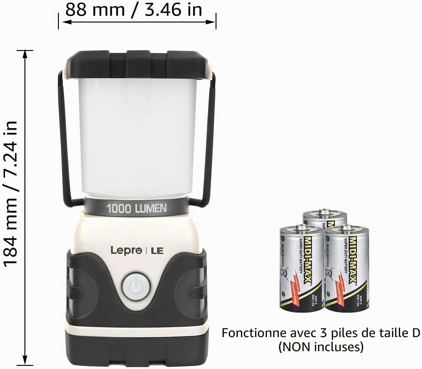 Detalle de Lepro Lampe de Camping LED 1000 lm, lanterne étanche IPX4 à piles avec luminosité réglable et 4 modes
