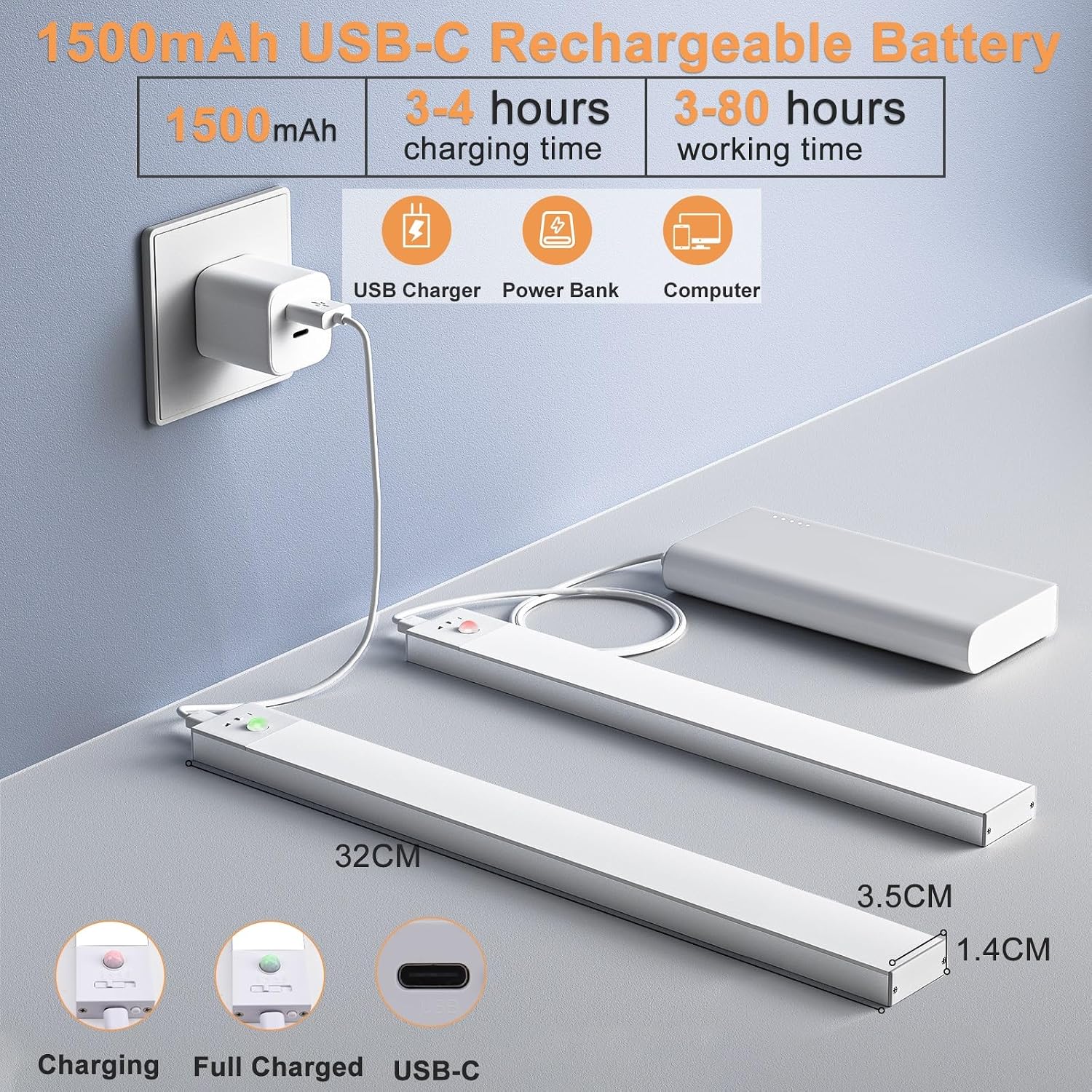 Detalle de Unterbauleuchte Küche LED Schrankbeleuchtung mit Bewegungsmelder, 32 cm, USB-kabellos (2er-Set) – 3 Farbmodi, dimmbar