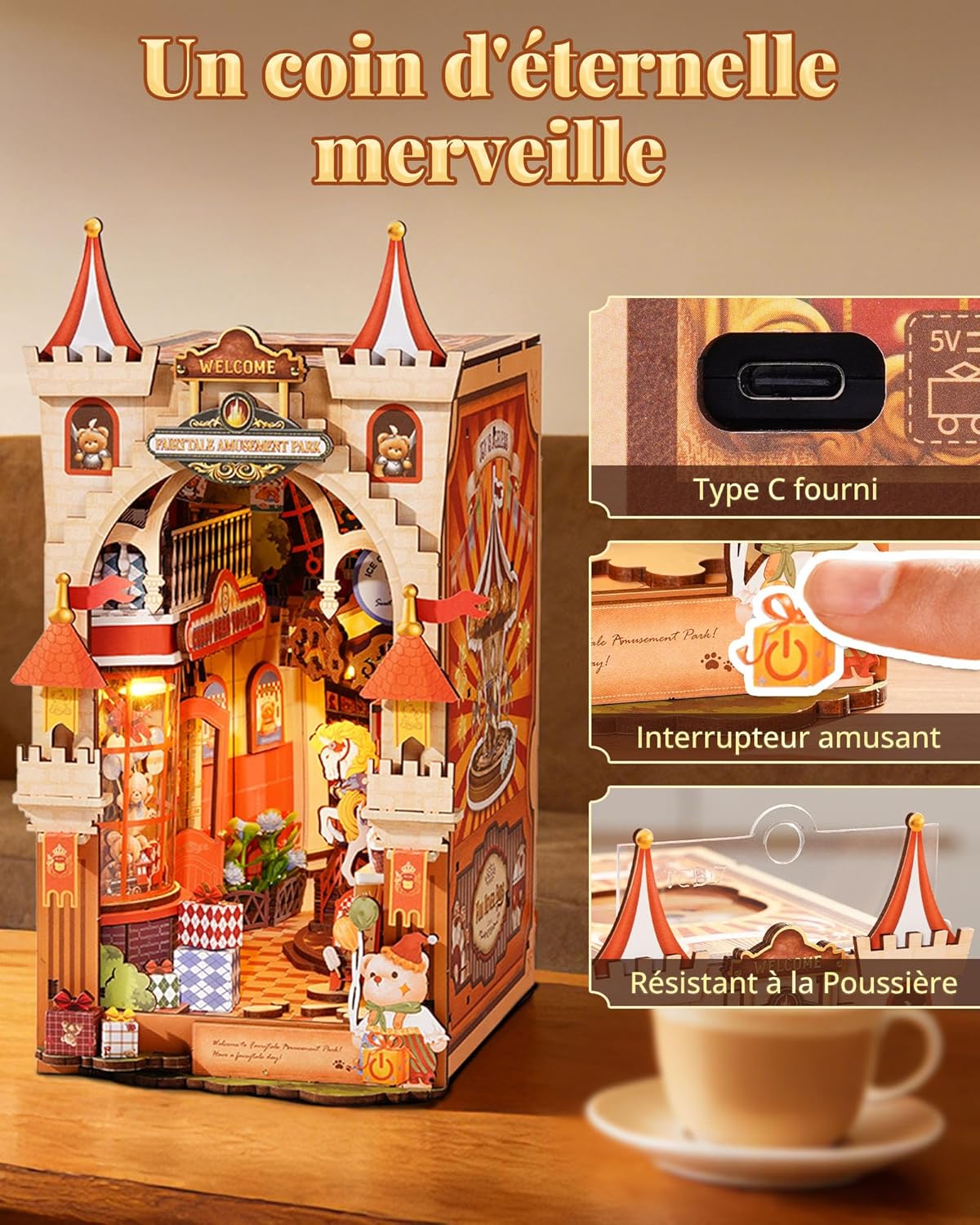 Detalle de Rolife Book Nook Parc d'Attractions Féérique – Kit puzzle 3D en bois avec éclairage