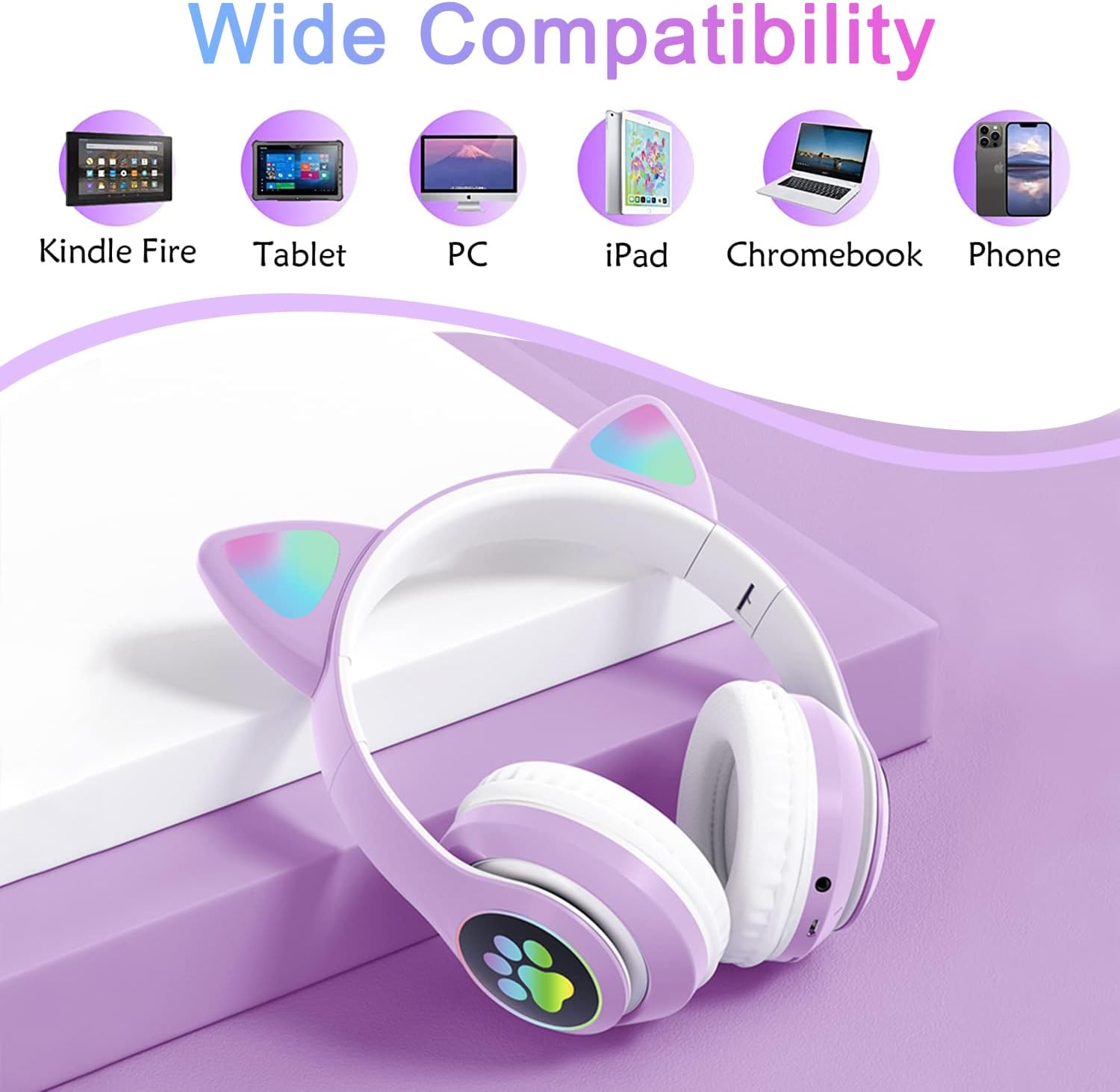 Thumbnail 3 de TOKANI Kids Headphones for School: Bluetooth Cat Ear Headphones with Microphone (Purple)