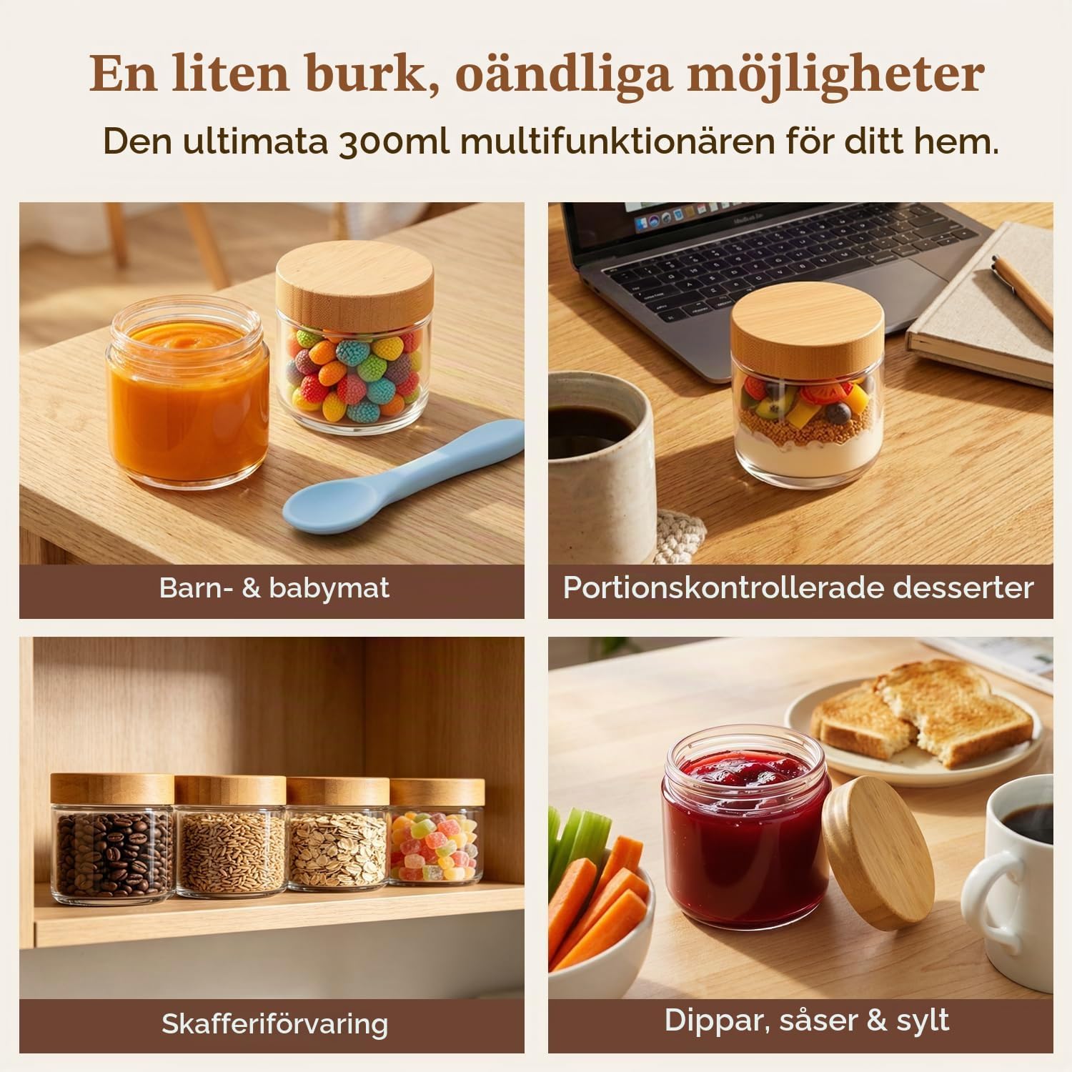Detalle de ComSaf yoghurtburkar i glas, 300 ml med bambulock, 4-pack