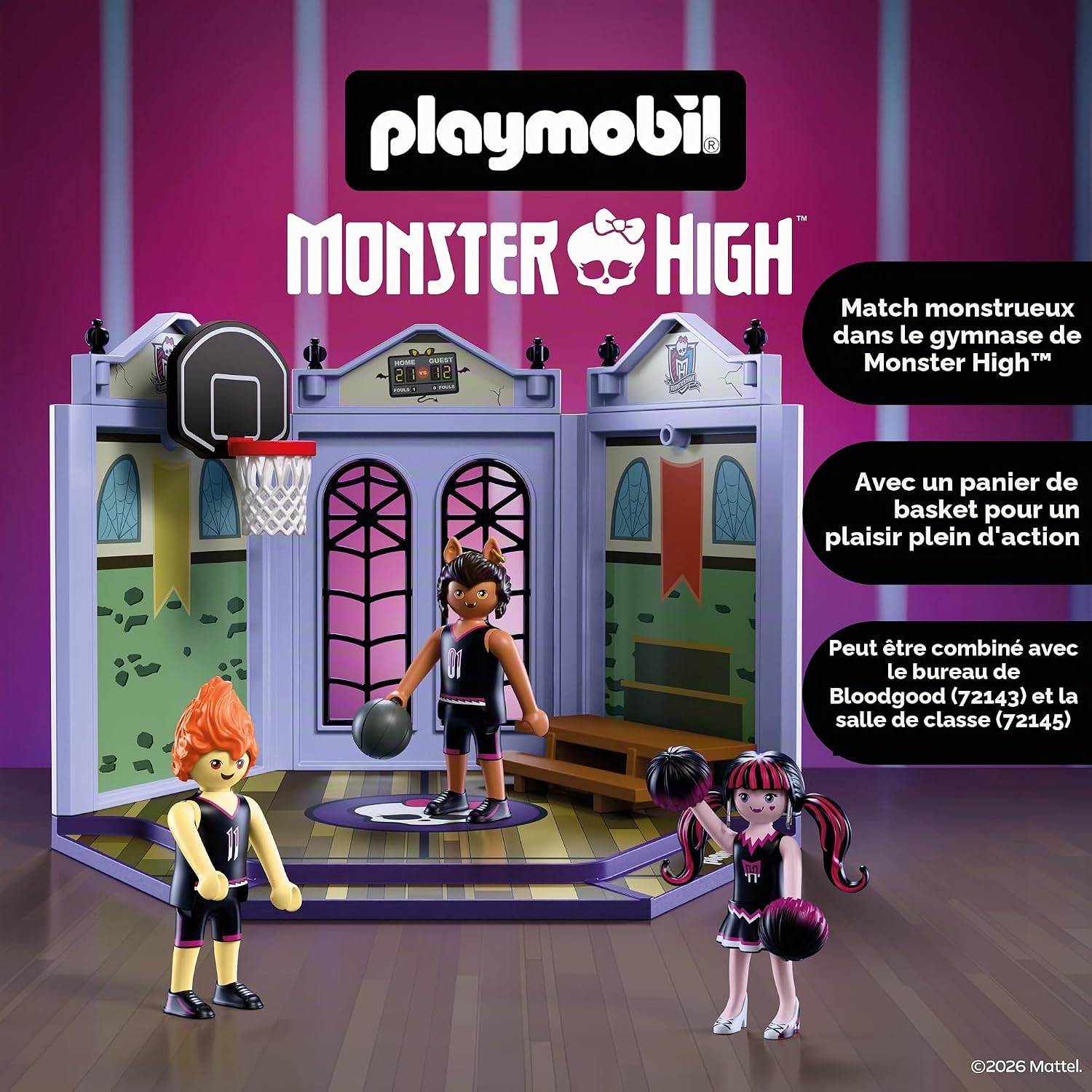Detalle de PLAYMOBIL Monster High 72144 sportschool met drie personages en basketbalmand