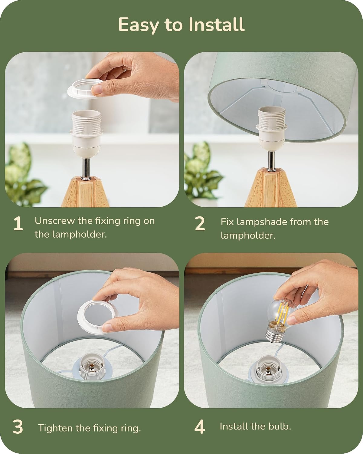 Thumbnail 6 de EDISHINE 36cm Bedside Lamp with Wooden Tripod Base and Bean Green Linen Shade (E27, 2700K LED bulb included)