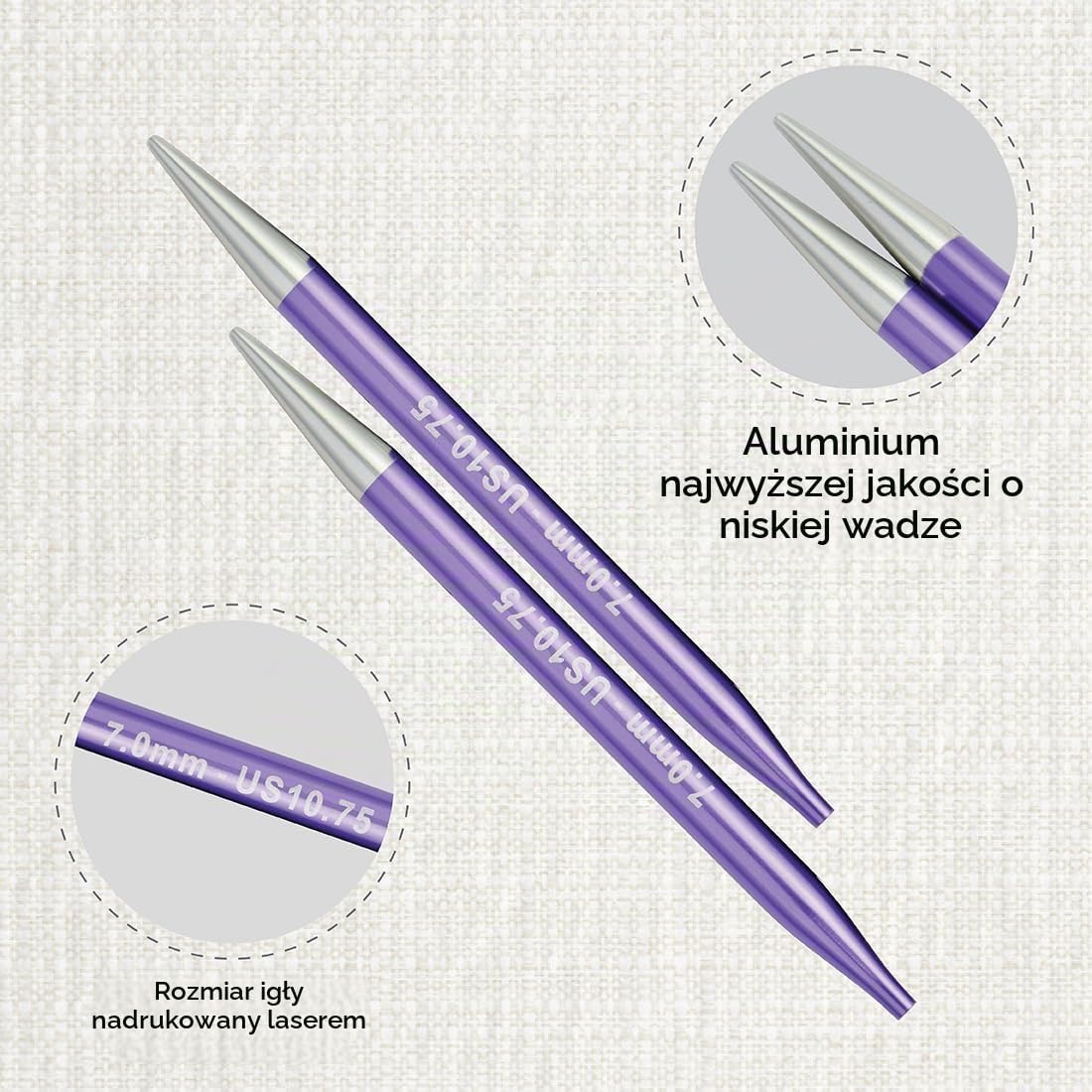 Detalle de KnitPro KP47509 wymienne końcówki dziewiarskie 7 mm, 11,5 cm, aluminiowe