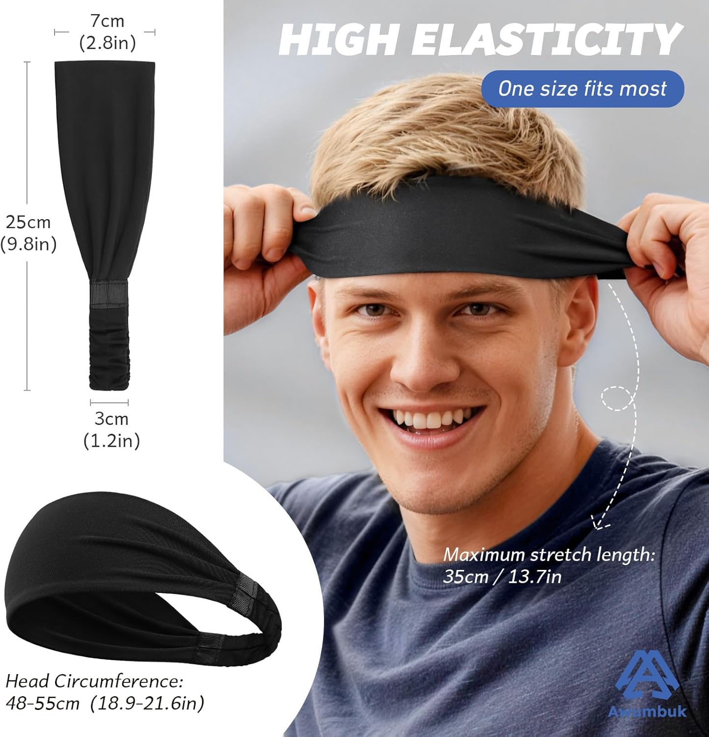 Thumbnail 2 de Awumbuk Fascia Capelli Uomo: set da 2 fascia antiscivolo, traspirante e elastica per sport e uso quotidiano