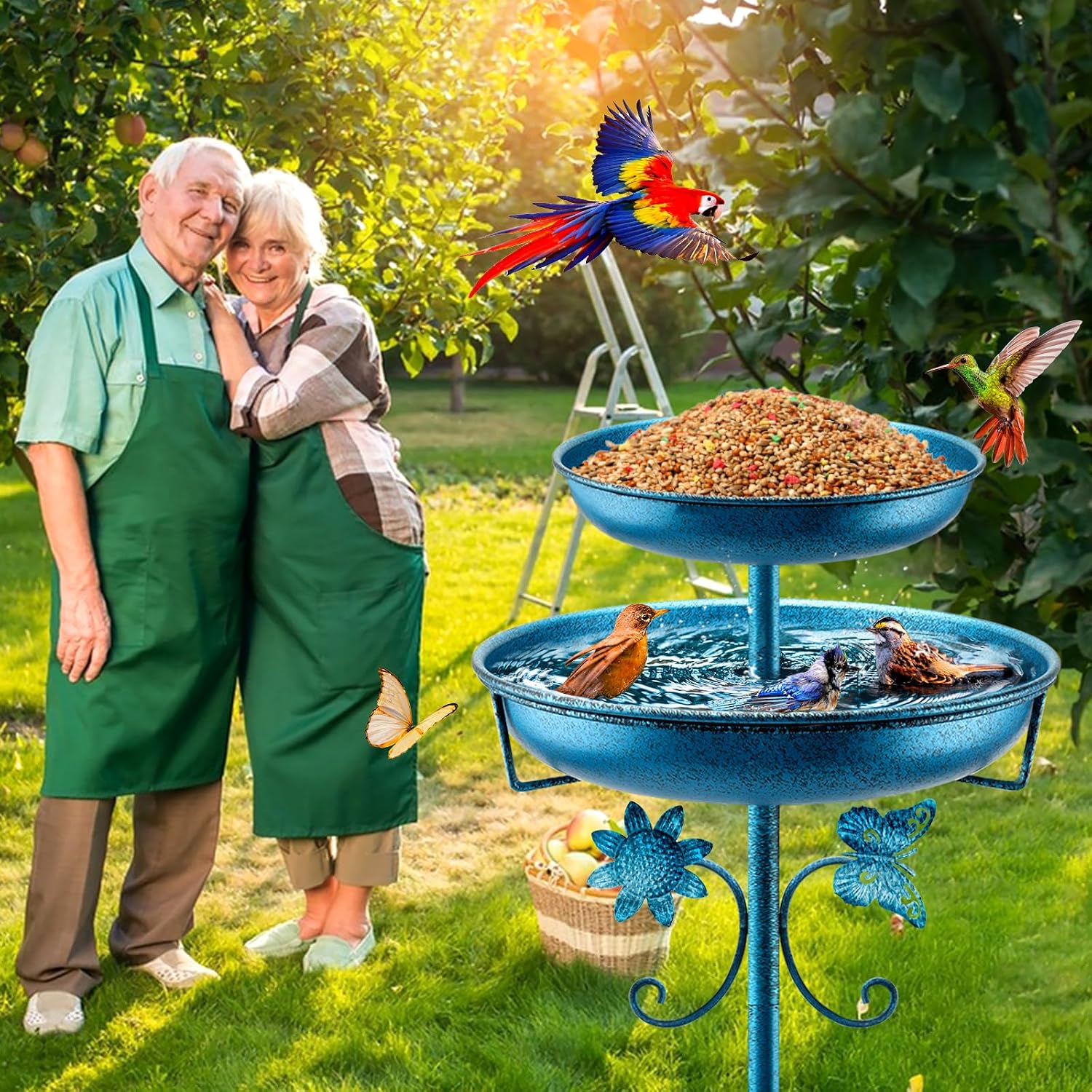 Thumbnail 5 de Yepper 42in Double Vintage Metal Bird Bath with Feeder Bowl, Freestanding Outdoor Garden Patio Yard Decor (Blue)