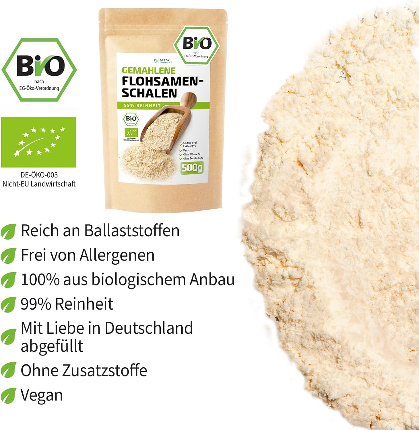 Detalle de D&O Nature Products Flohsamenschalen 500 g