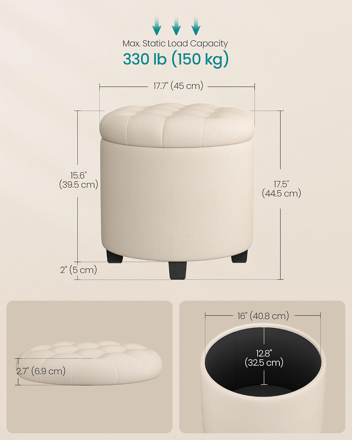 Detalle de SONGMICS ULOM011W01 Round Storage Ottoman, Light Beige Linen-Look Fabric, 150 kg Capacity