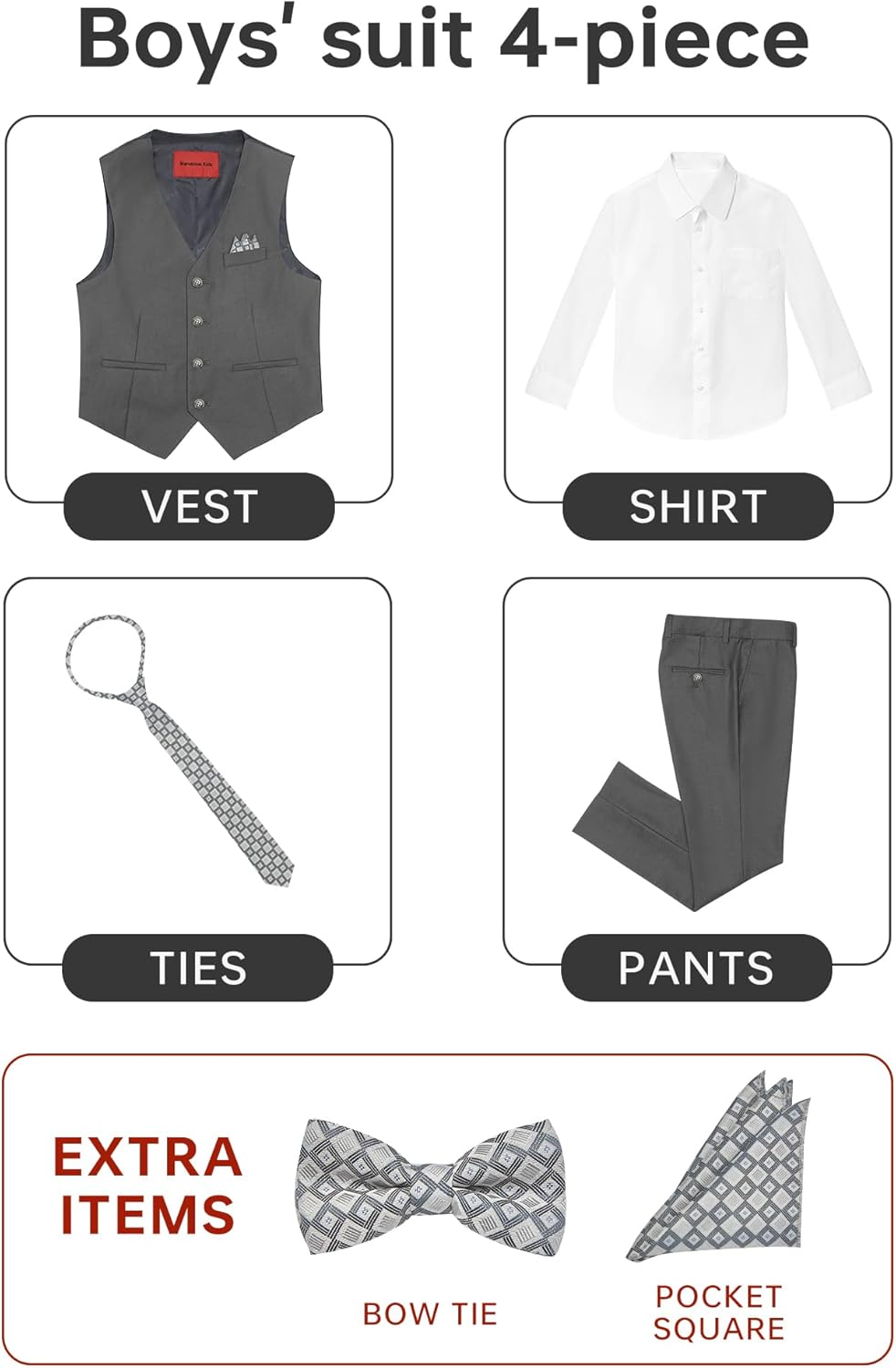 Thumbnail 1 de Marvelous Kids Boys’ 6-Piece Formal Slim Fit Suit Set (Vest, Pants, Shirt, Tie, Pocket Square, Bow Tie)