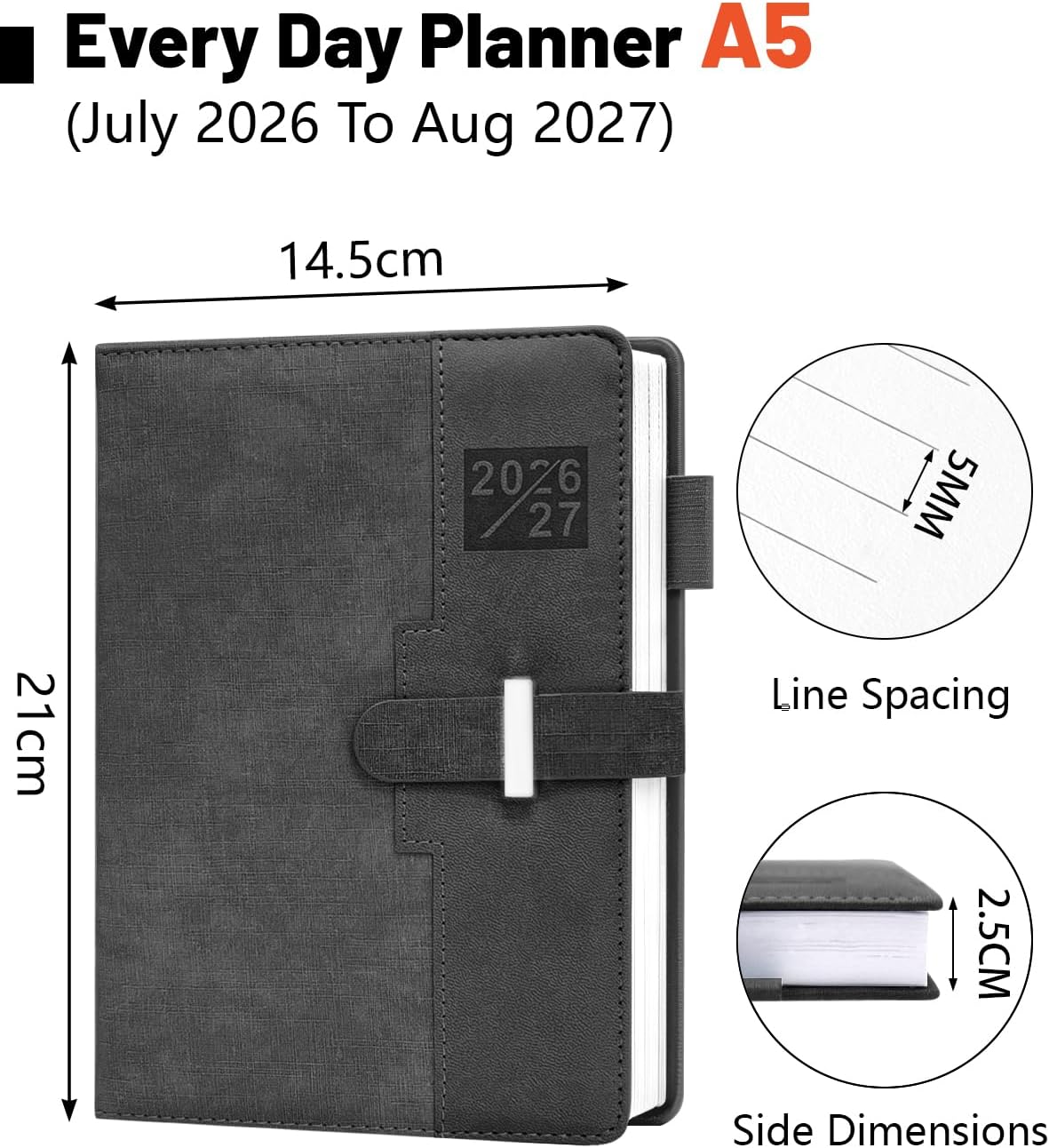 Detalle de HW CASA Agenda Giornaliera 2026–2027 A5: diario con festività multilingue, etichette mensili 3D e formato PU+CARTA