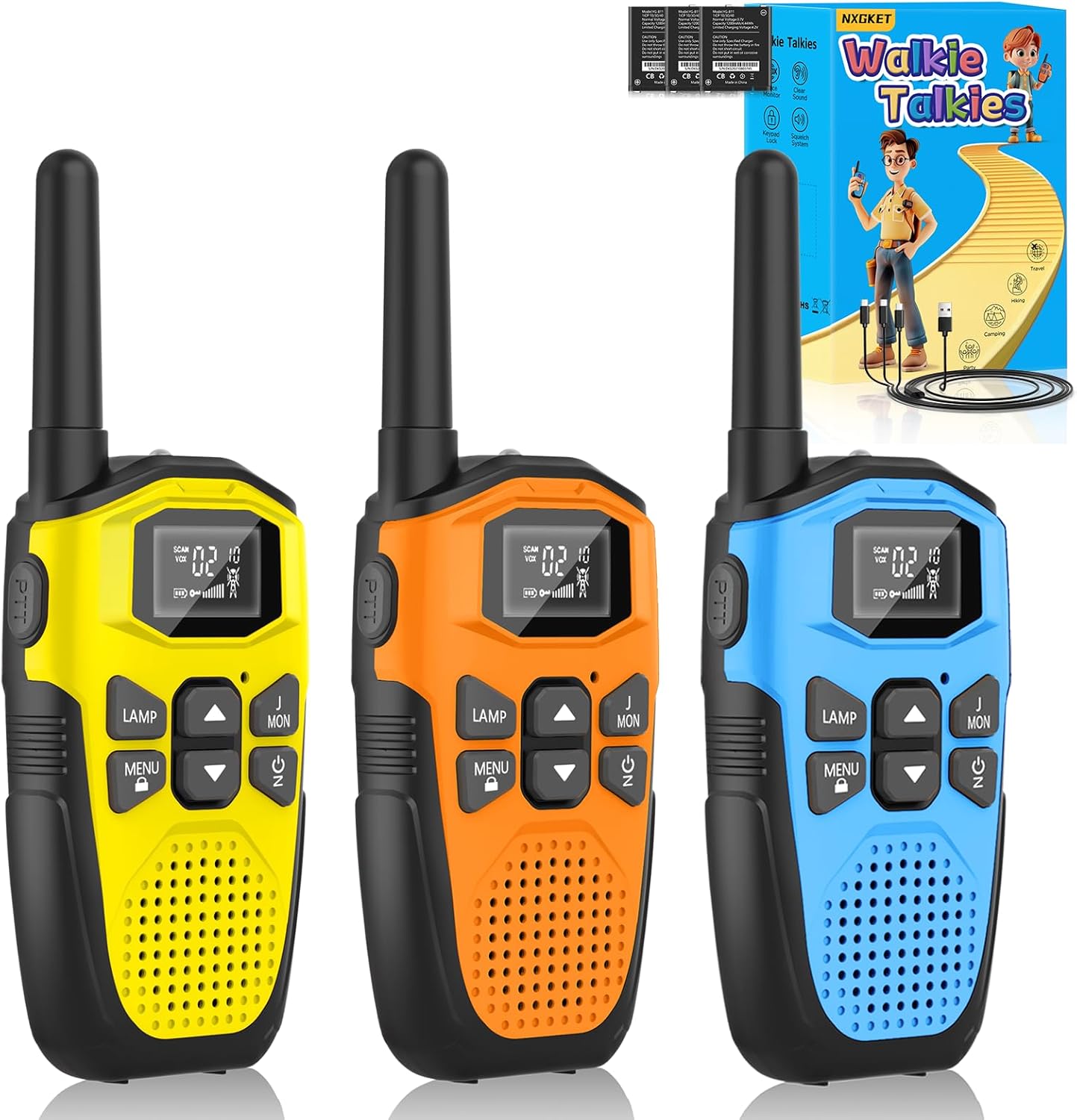NXGKET Walkie Talkies for Adults Long Range 3 Pack with Rechargeable Li-ion, VOX & Type-C Charging