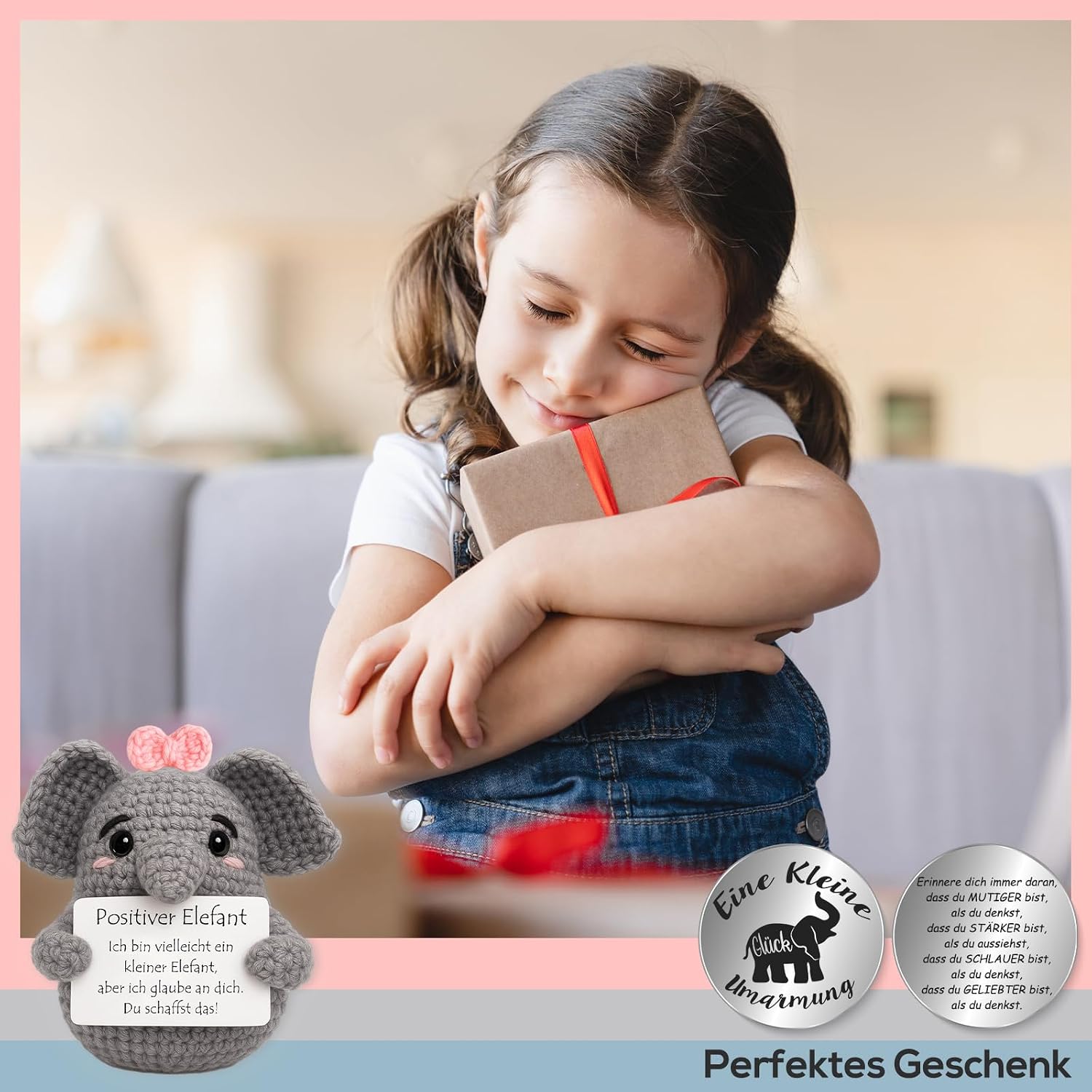 Thumbnail 6 de Tixlux Pocket Hug Positiver Elefant – Strickfigur mit Glücksbringer-TonToken als Mutmacher-Geschenk (Rosa)