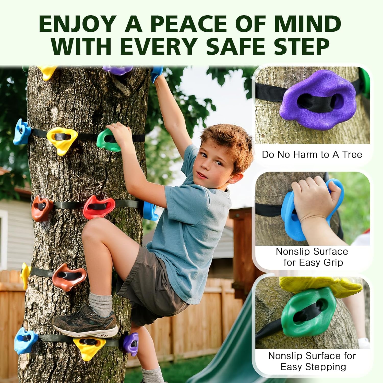 Detalle de TOPNEW 12 Ninja Tree Climbing Holds for Kids and Adults with 6 Ratchet Straps – Durable Outdoor Ninja Warrior Training
