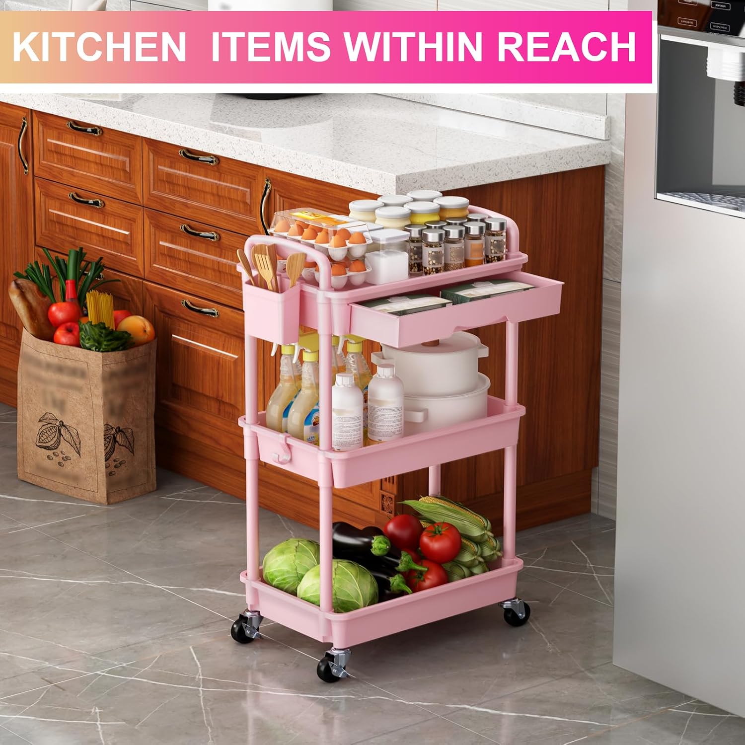 Thumbnail 6 de Goovilla GV-UC03PK 3-Tier Rolling Utility Cart with Removable Drawer, Pink