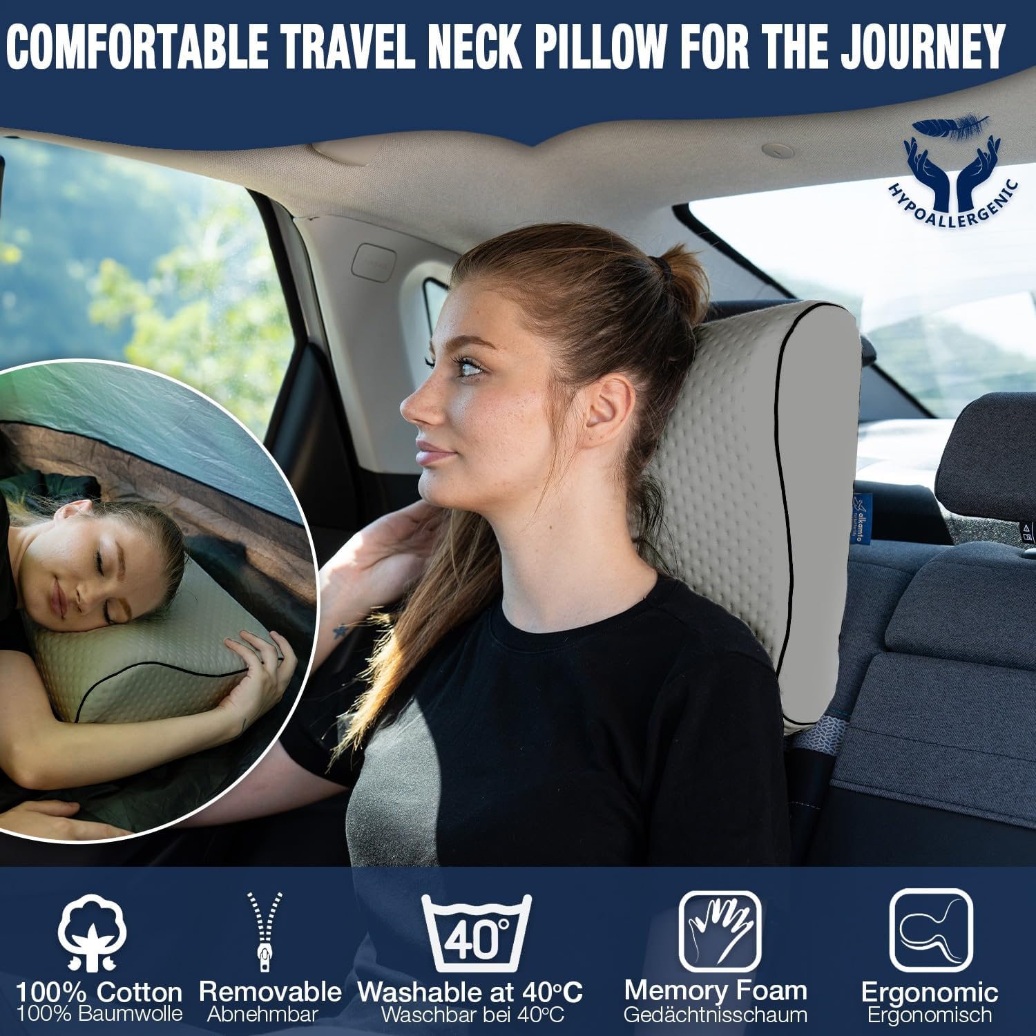 Detalle 2 de Alkamto Cuscino da viaggio in memory foam con supporto ergonomico e federa termoregolante, grigio