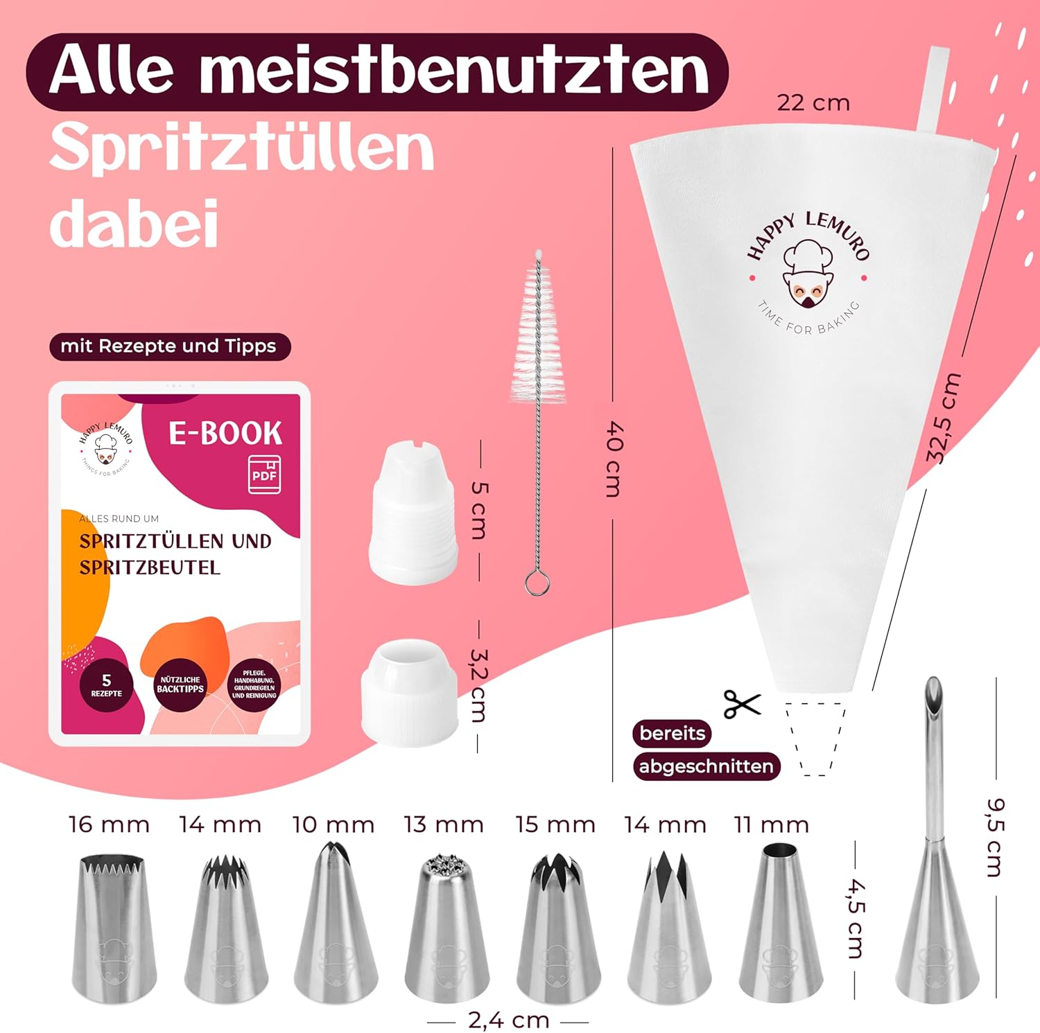 Thumbnail 2 de Happy Lemuro Premium Spritzbeutel mit Tüllen (11-teilig) – 8 große Spritztüllen mit Baumwoll-Spritzsack, spülmaschinenfest