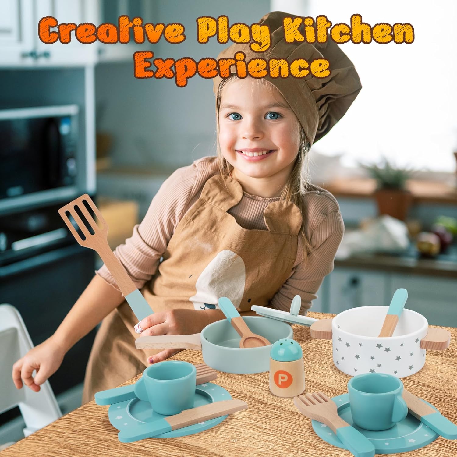Detalle 2 de Casseroles en bois jeu de cuisine pour enfants 🍲