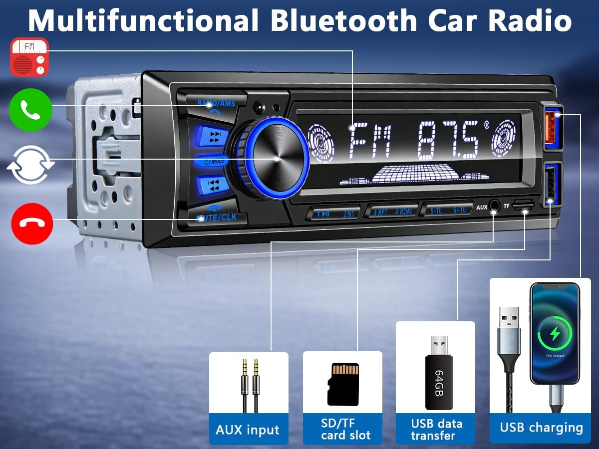 Thumbnail 3 de Car Radio Bluetooth Single DIN Stereo with Push-to-Talk, App Control, and FM Radio (No CD Player)