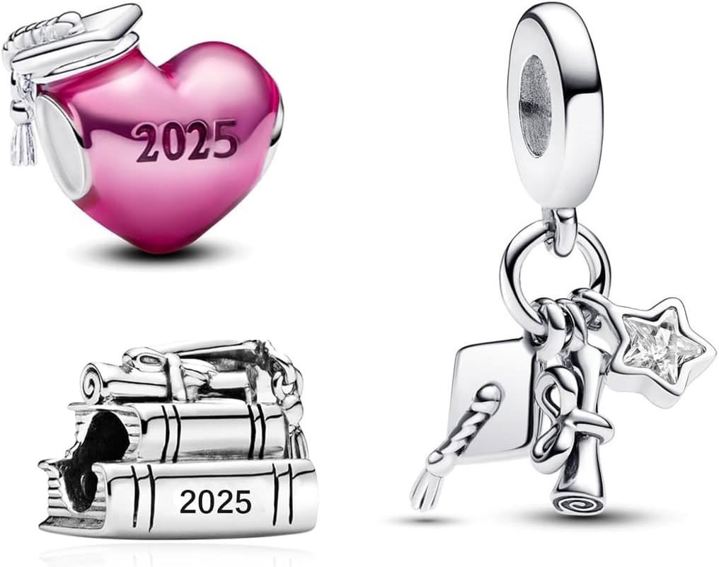Detalle de PHCLASY 2026 Pink Abschluss Cap Stars Charm-Anhänger (Kompatibilität für Armband) – Herz-Schmuck für Schulabschluss