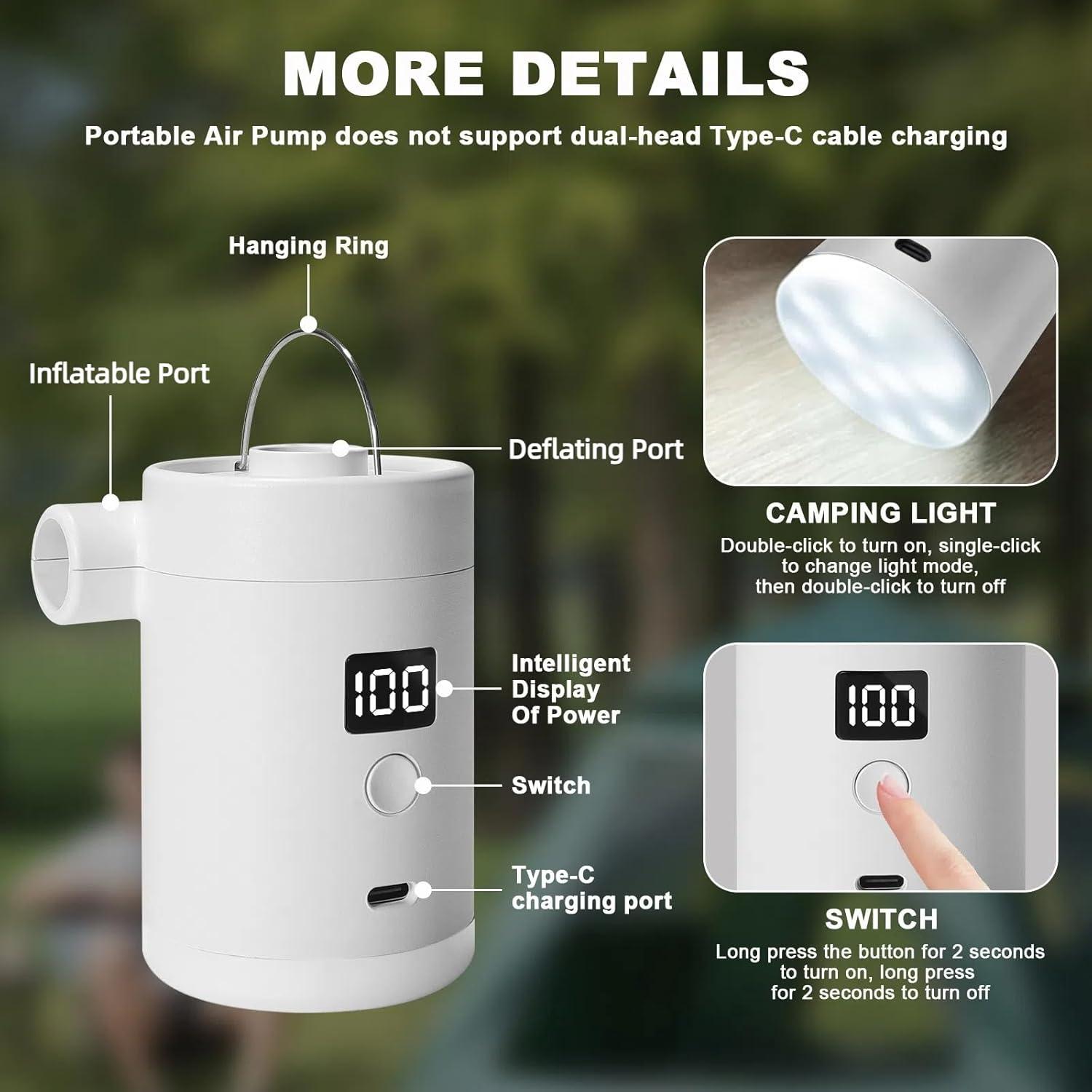 Detalle de Portable Air Pump for Inflatables — Type-C Rechargeable, 5 Nozzles, Ultra-Compact and Quick Inflate/Deflate