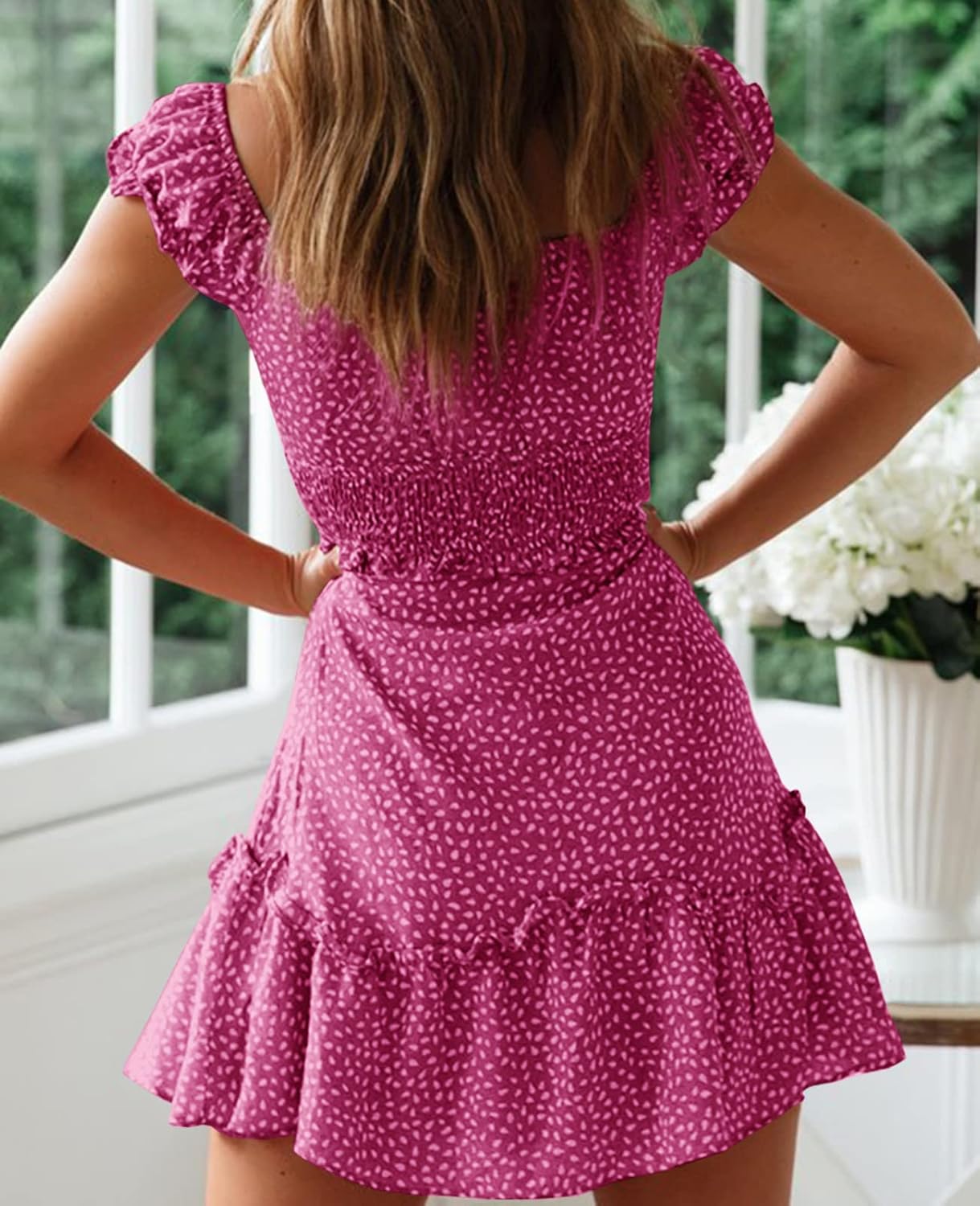 Thumbnail 2 de YOBECHO Women’s Summer Ruffle Sleeve Sweetheart Print Mini Dress