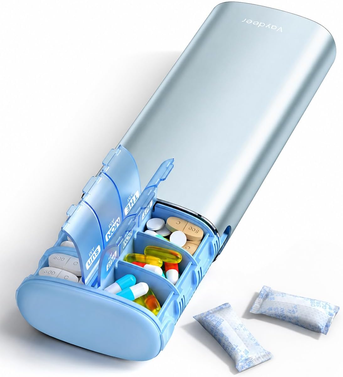 Detalle de Vaydeer PB1024 Metal 7-Day Pill Organizer, 14 Compartments, Built-In Desiccant