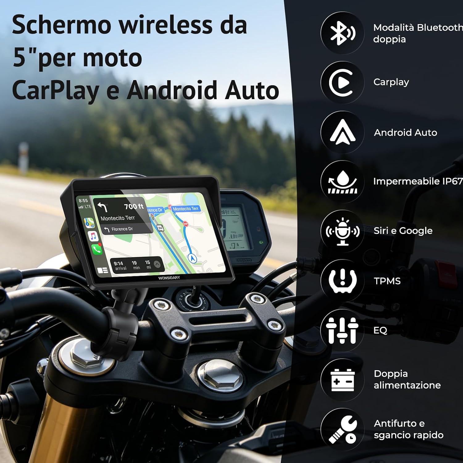 Detalle de Wonsidary W522TPMS: Schermo Moto CarPlay Wireless da 5'' con TPMS, IP67 e Audio Bluetooth Doppio