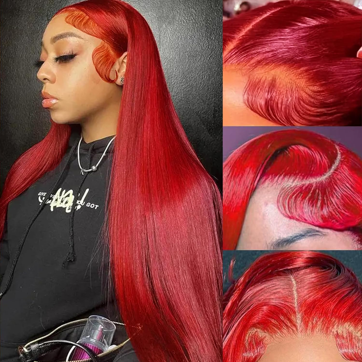 Detalle de Red Burgundy Straight Lace Front Wig (13x4) | 100% Unprocessed Human Hair, Glueless Wear-and-Go
