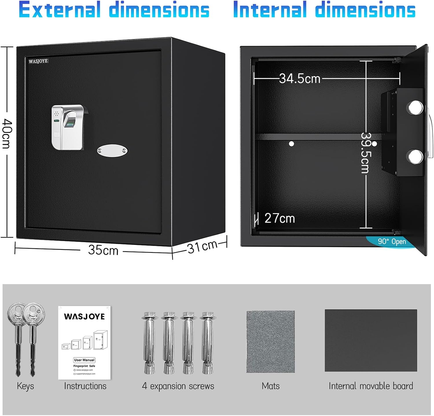 Thumbnail 3 de WASJOYE 43L Cassaforte con impronte digitali: sicurezza smart per casa, ufficio e hotel