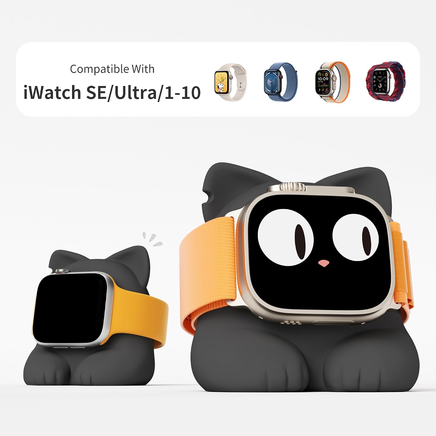 Detalle 2 de ELETIUO Watch Charger Stand (Silicone) for Apple Watch Series 49–38mm – Black kitten bedside dock