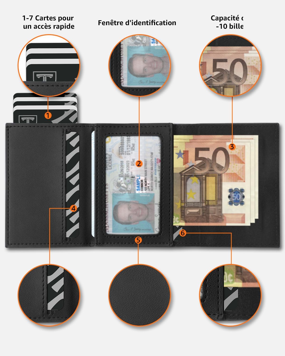 Detalle de TEEHON Portefeuille Homme en Cuir avec Blocage RFID – Noir, 8 cartes, fermeture magnétique