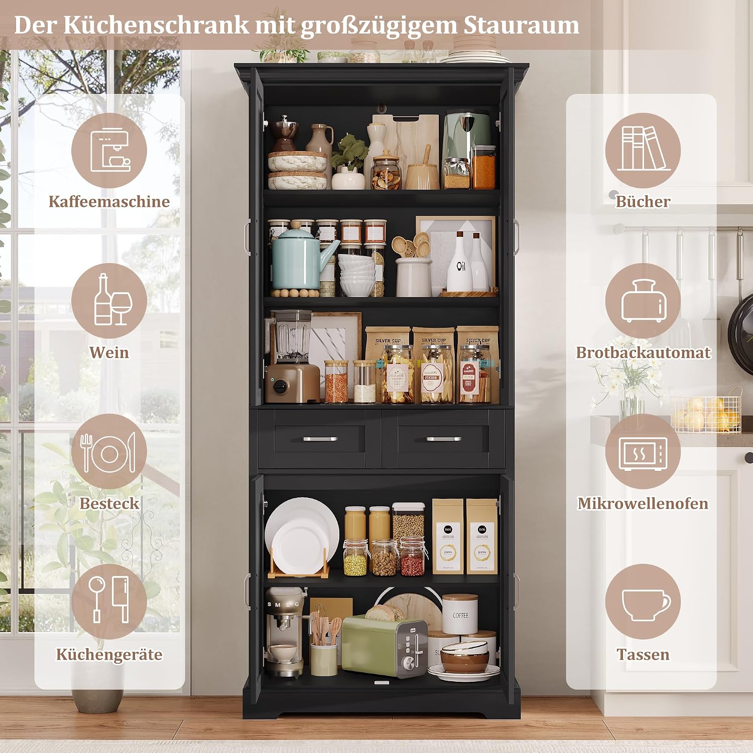 Detalle 2 de FirFurd P470 Tall Kitchen Cupboard, 4 Doors, 2 Drawers, Black